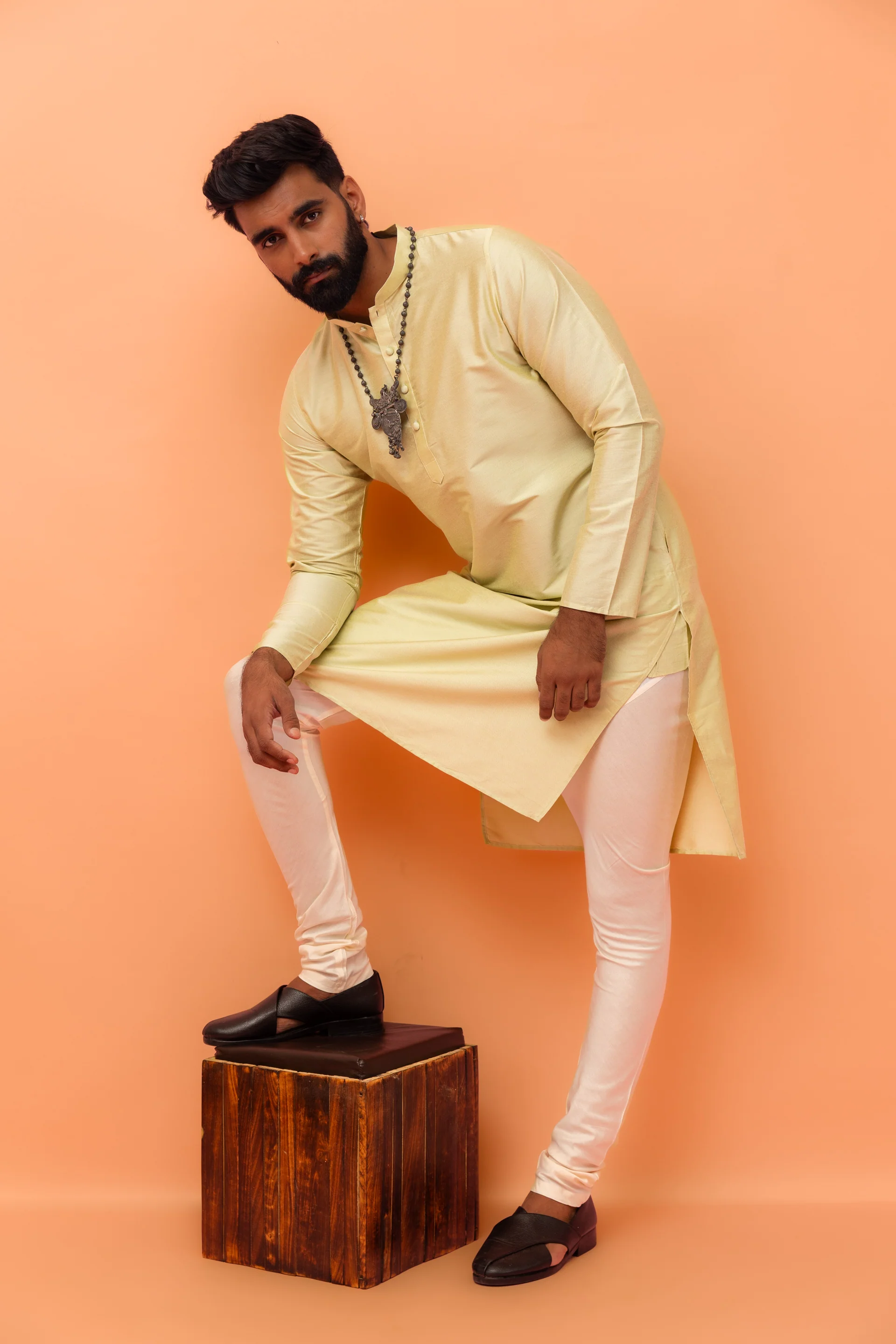 Light Yellow Silk Blend Kurta Churidar Set