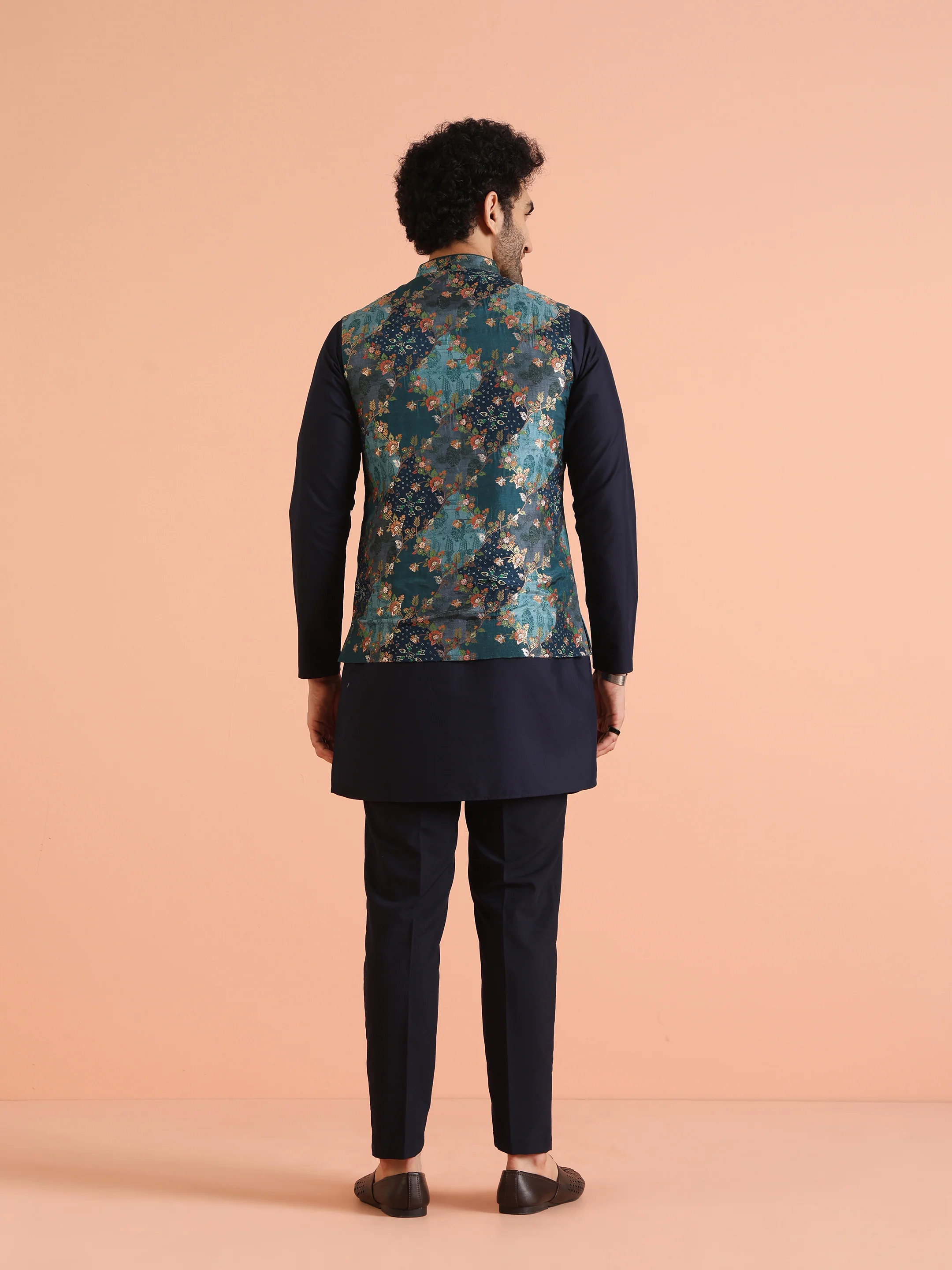 Blue Silk Woven Floral Nehru Jacket Kurta Set - Image 4
