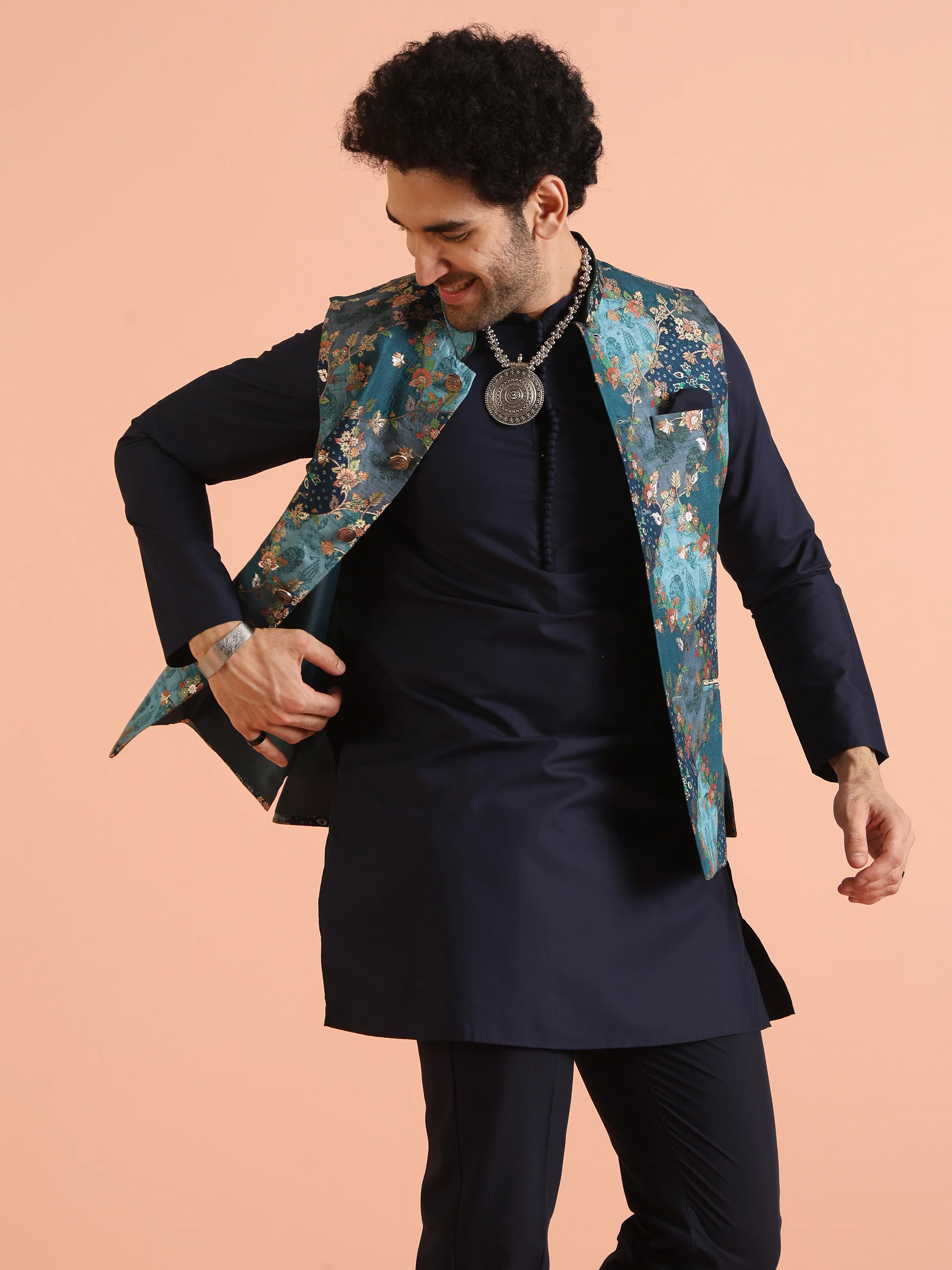Blue Silk Woven Floral Nehru Jacket Kurta Set - Image 9