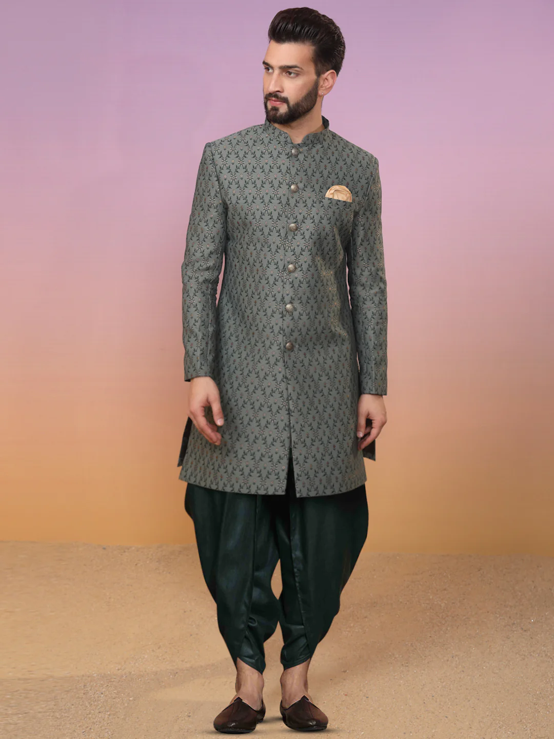 Men Grey Indowestern Dhoti Set