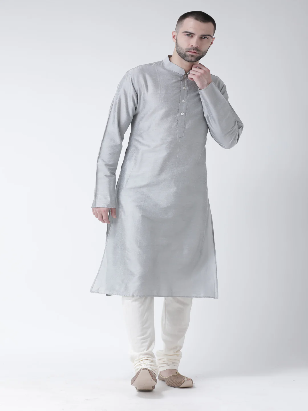 Grey Cotton Silk Solid Kurta Churidar Set - Image 2