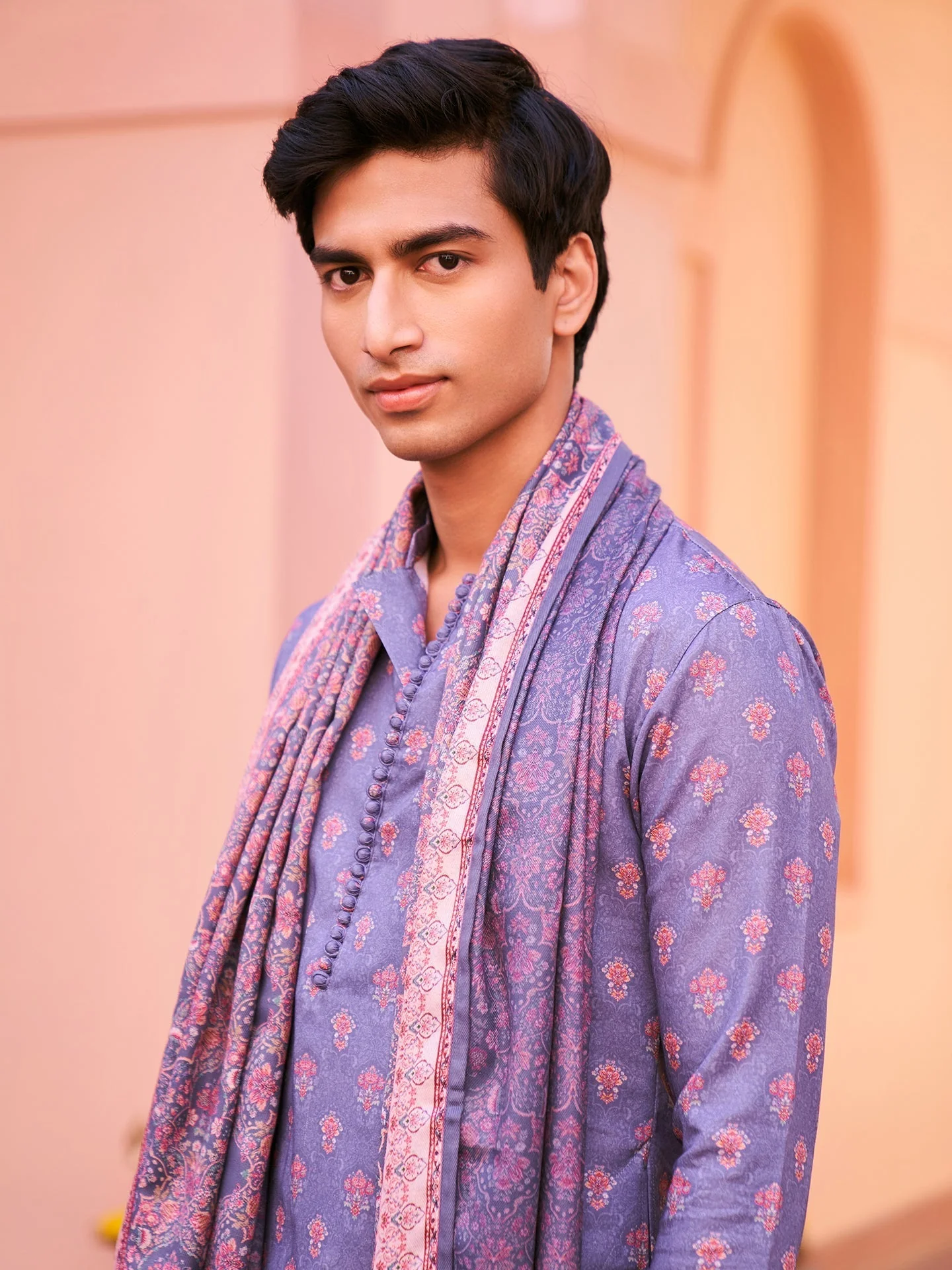 Grey Silk Printed Kurta Churidar with Dupatta - Image 13