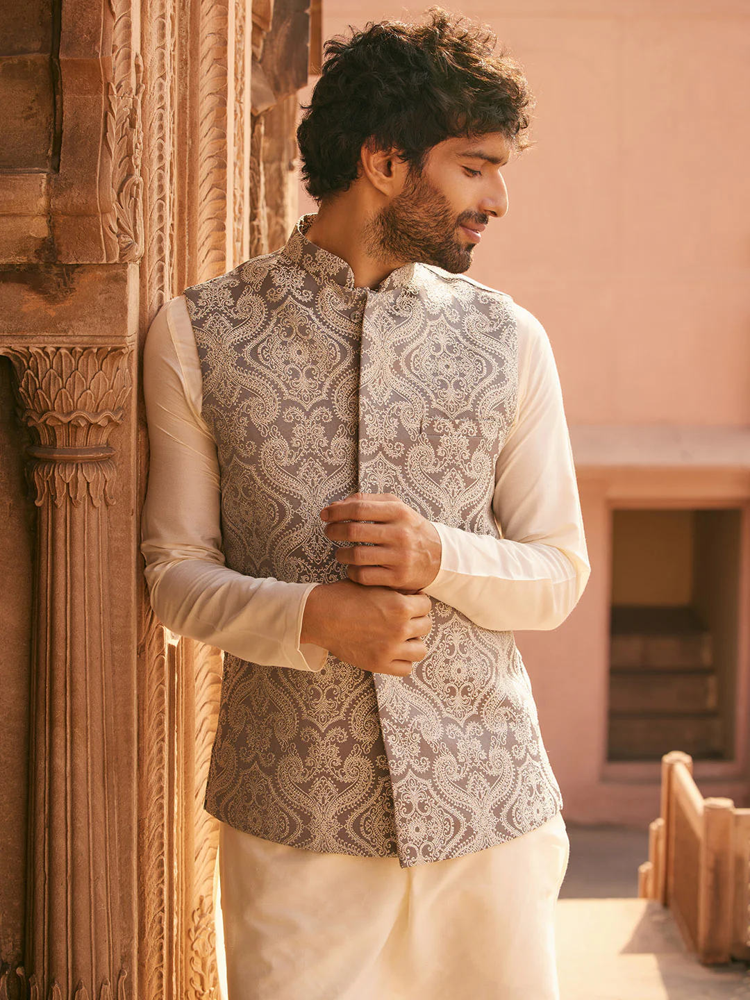 Grey Jacquard Woven Nehru Jacket