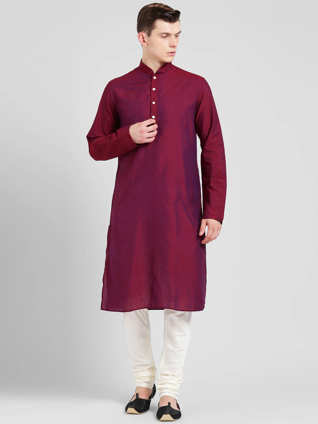 Magenta Cotton Silk Solid Kurta Churidar Set