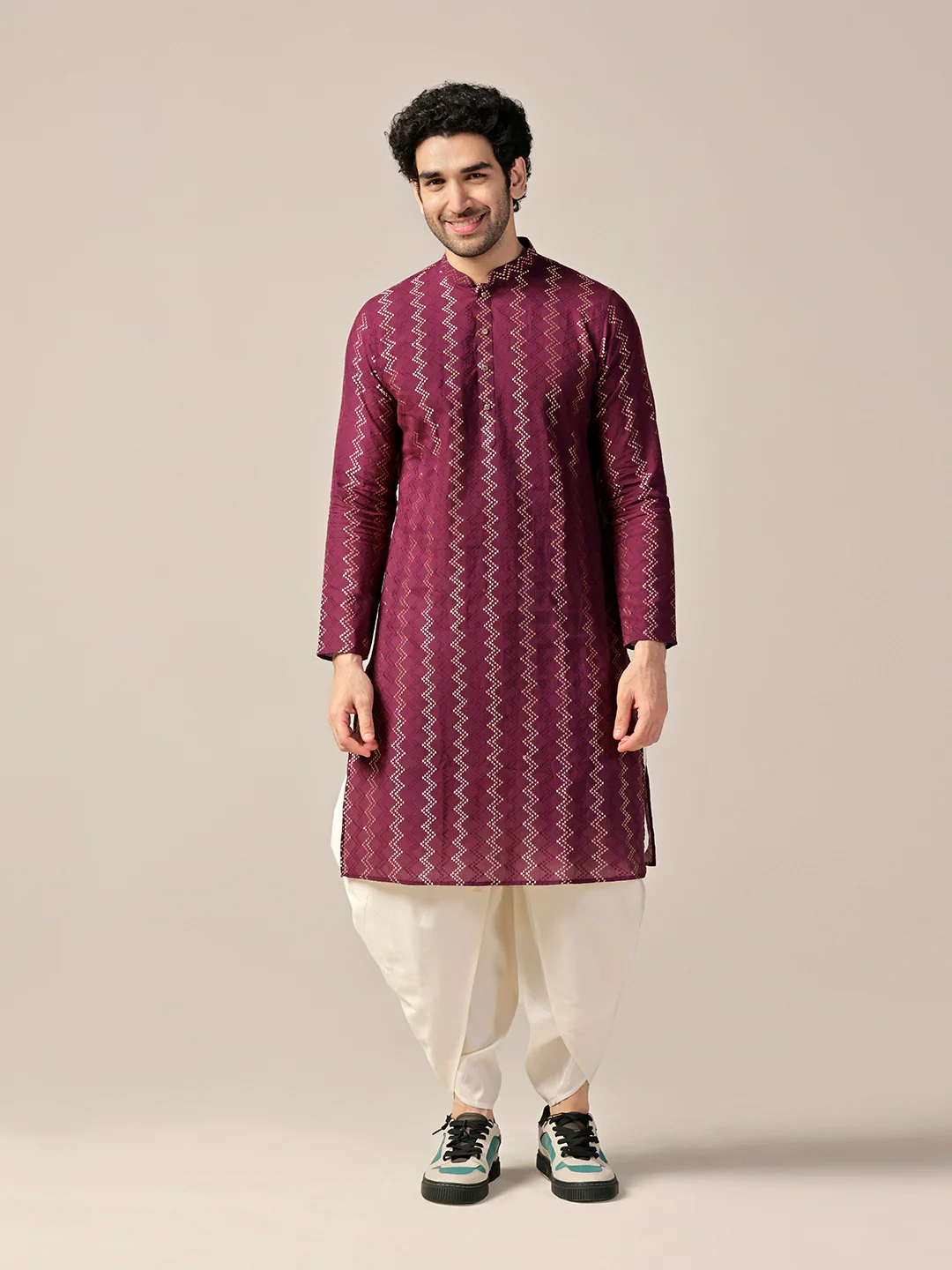 Men Magenta Kurta Dhoti Set