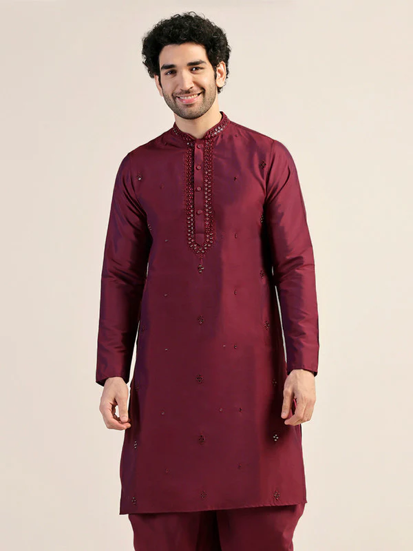 Maroon Embroidered Silk Blend Kurta