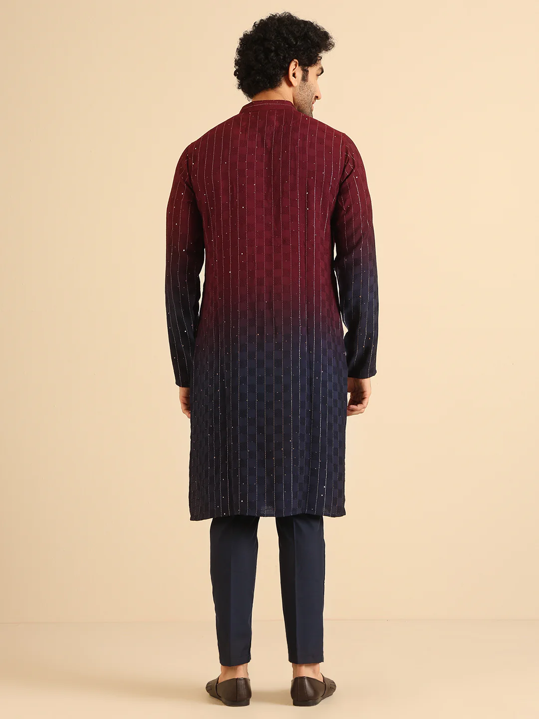 Wine Navy Ombre Sequinned Kurta - Image 5