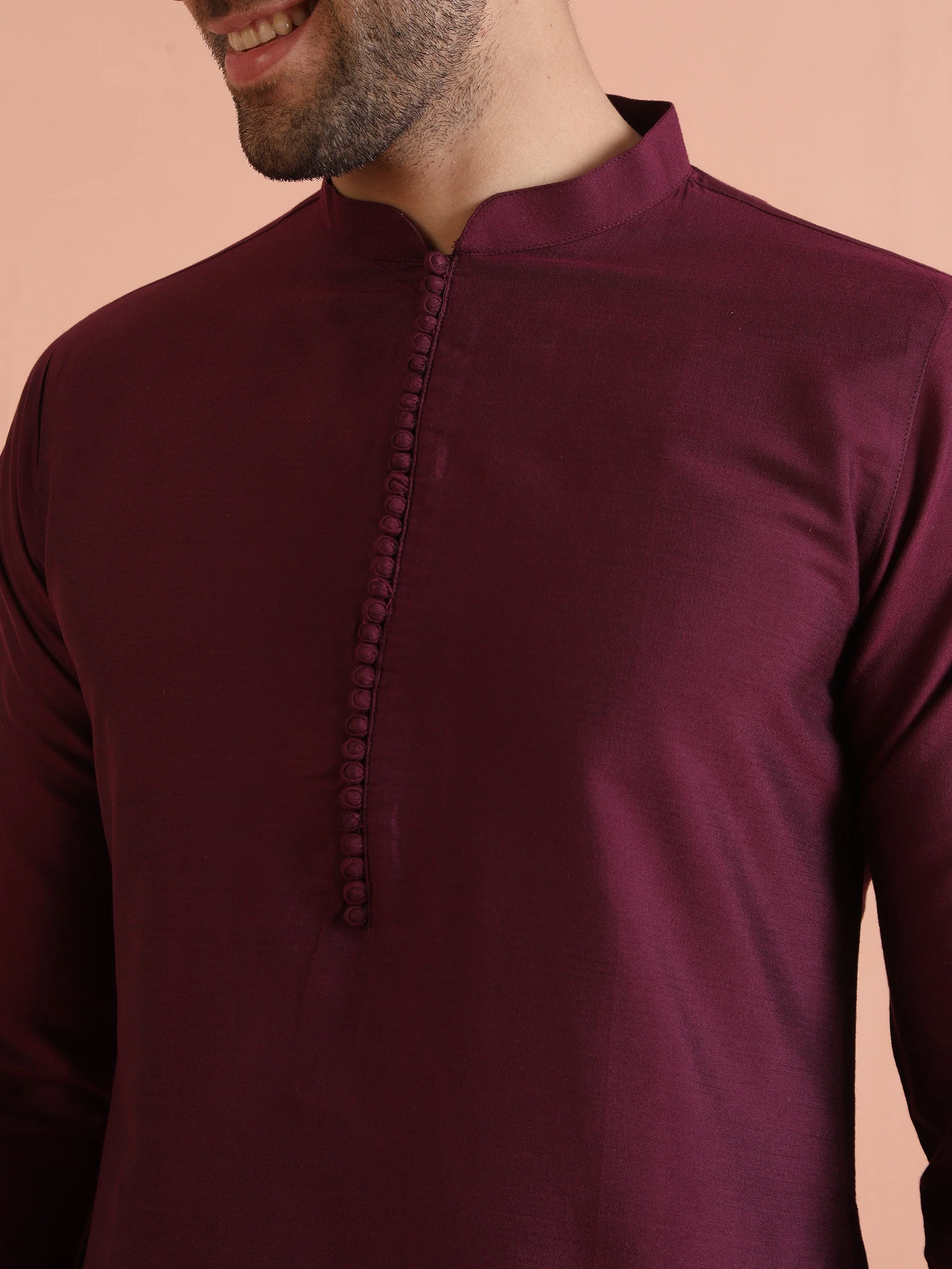 Maroon Solid Kurta Set with Cream Trouser Elegant Festive Ethnic Wear - Image 12