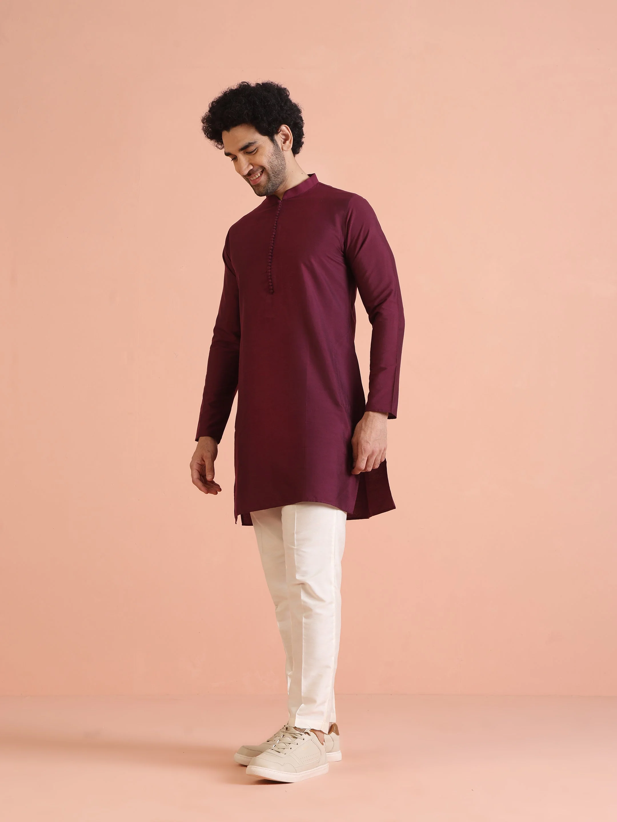 Maroon Solid Kurta Set with Cream Trouser Elegant Festive Ethnic Wear - Image 17