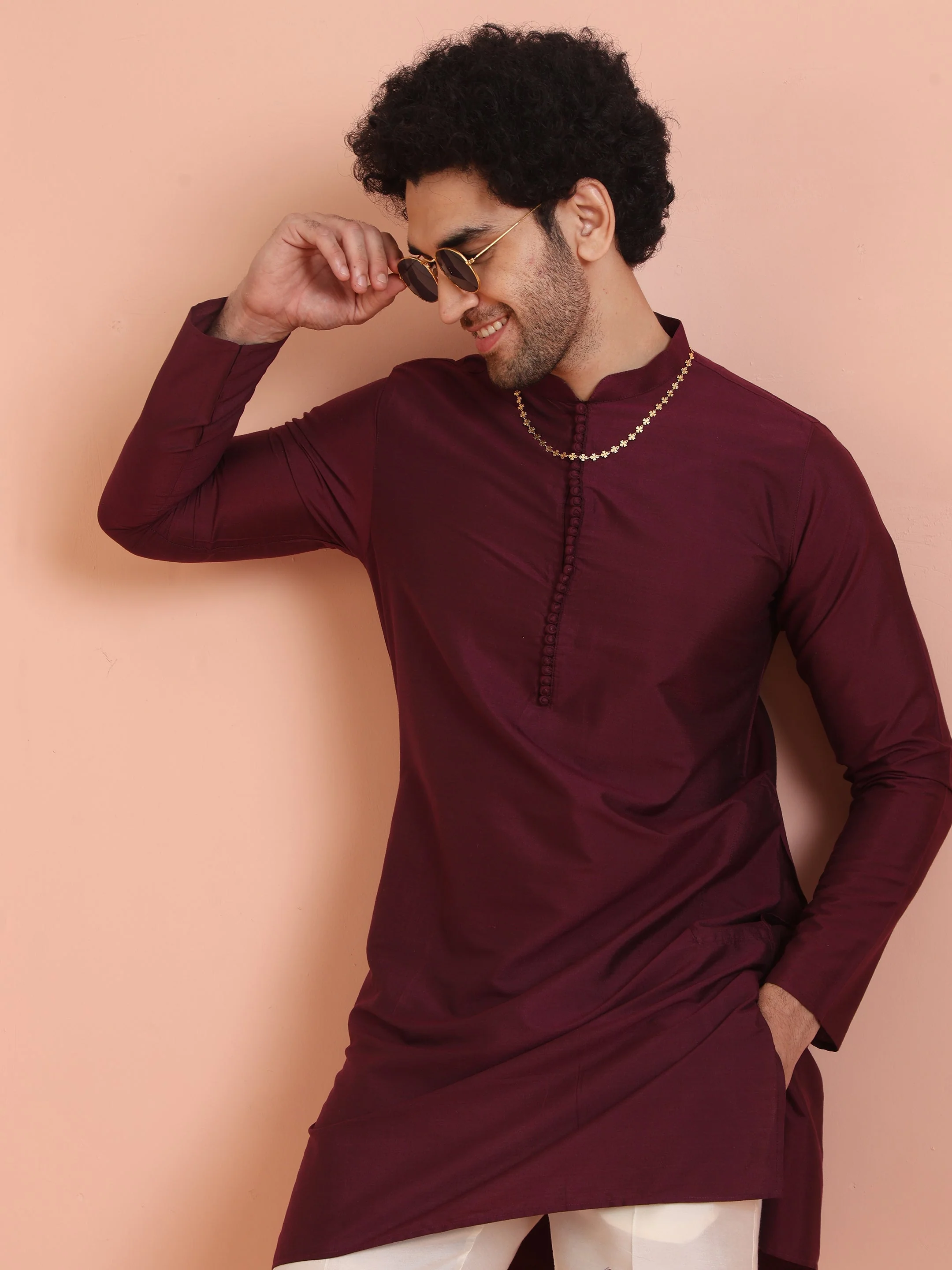 Maroon Solid Kurta Set with Cream Trouser Elegant Festive Ethnic Wear - Image 19