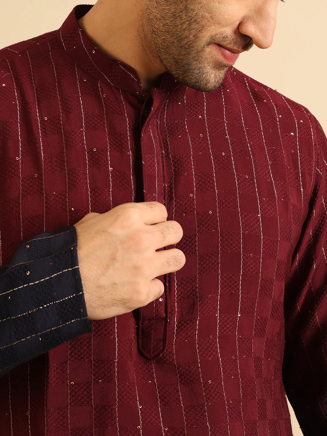 Men Magenta Kurta Trouser Set - Image 6