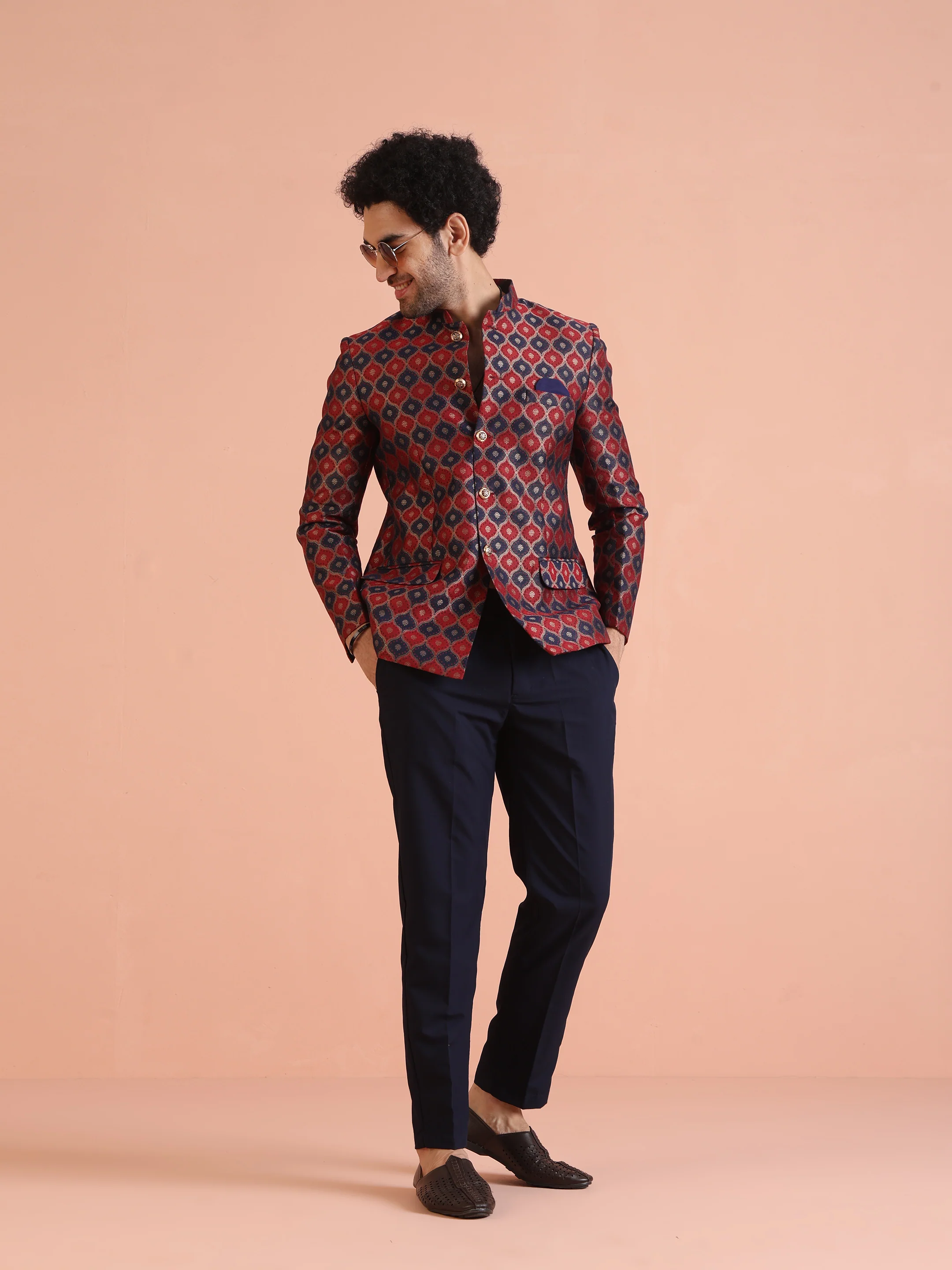 Red & Navy Silk Blend Jodhpuri Bandhgala - Image 2