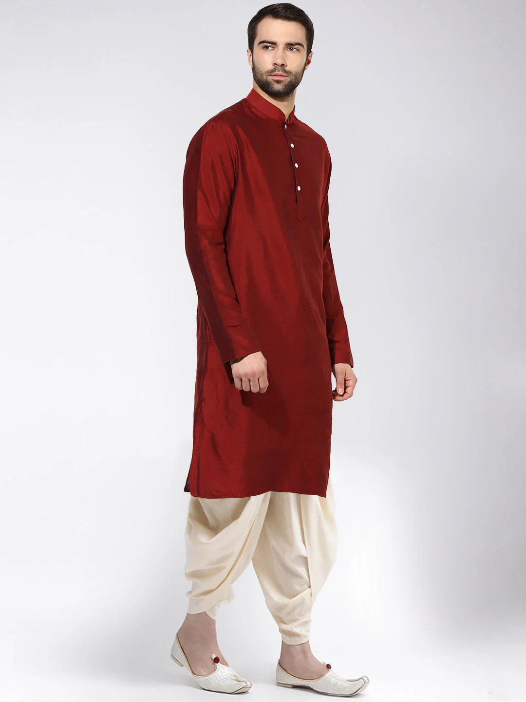 Maroon Silk Blend Solid Kurta Cream Dhoti