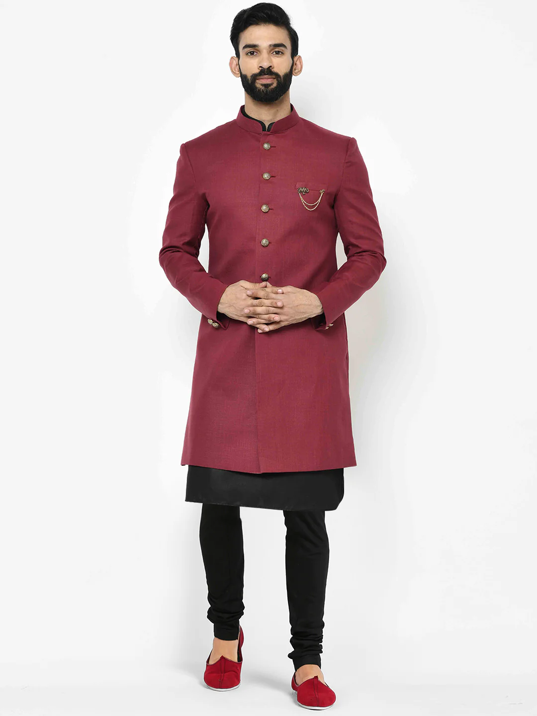 Men Maroon Solid Kurta Indowestern Churidar Set