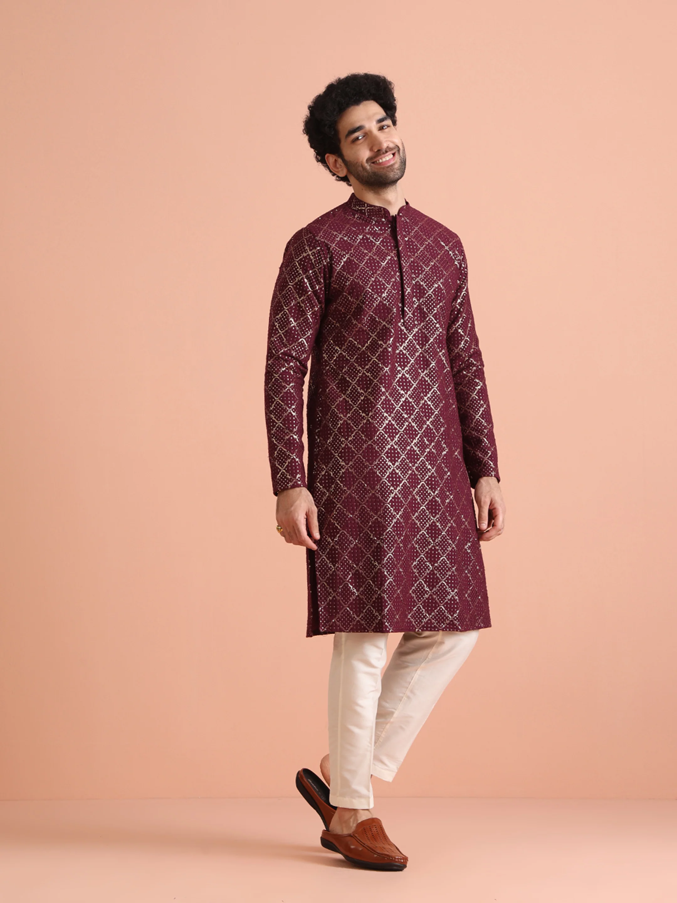Men Maroon Sequinned Kurta Trouser Set