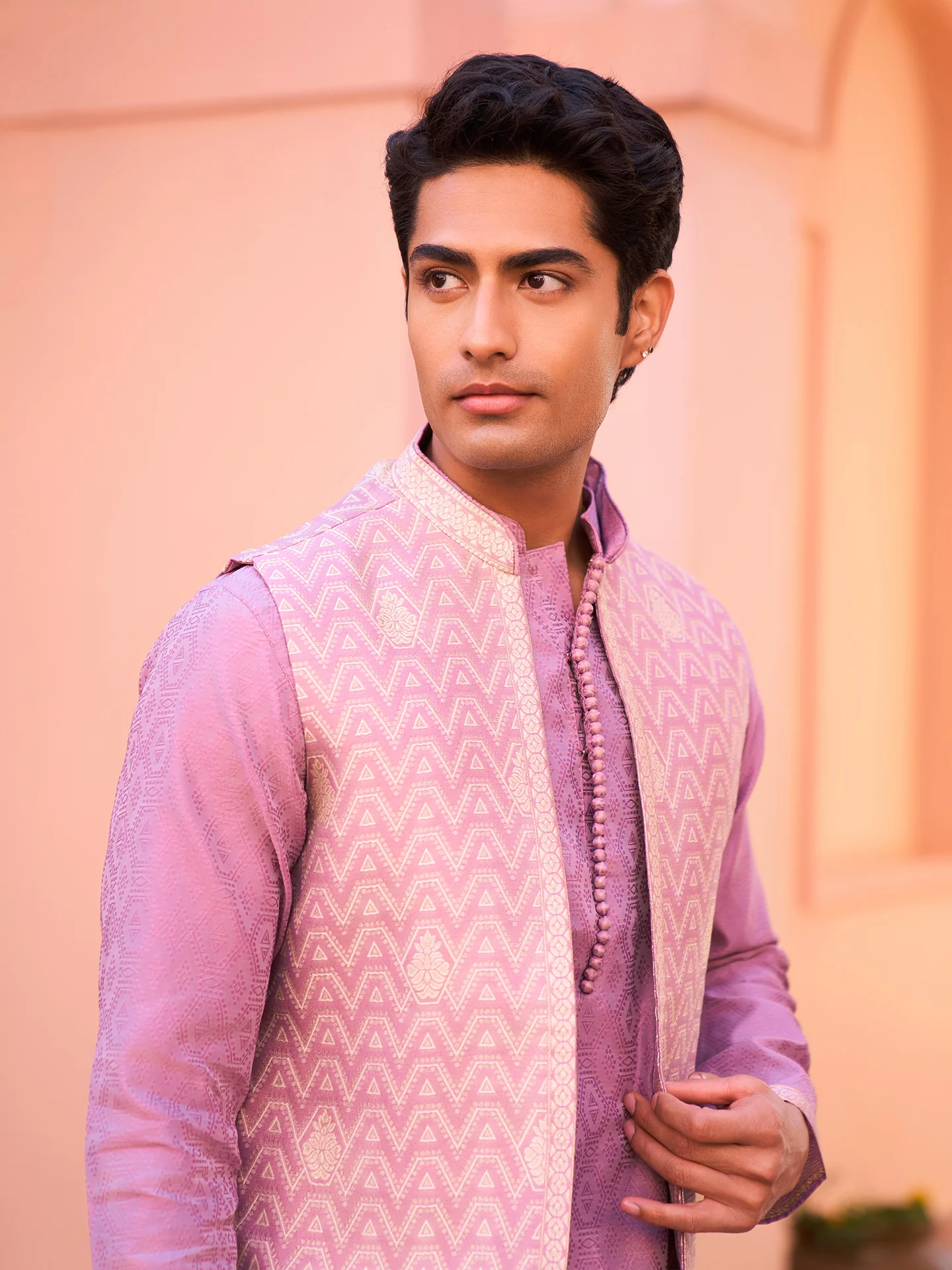 Pink Silk Blend Woven Nehru Jacket Kurta Trouser - Image 2
