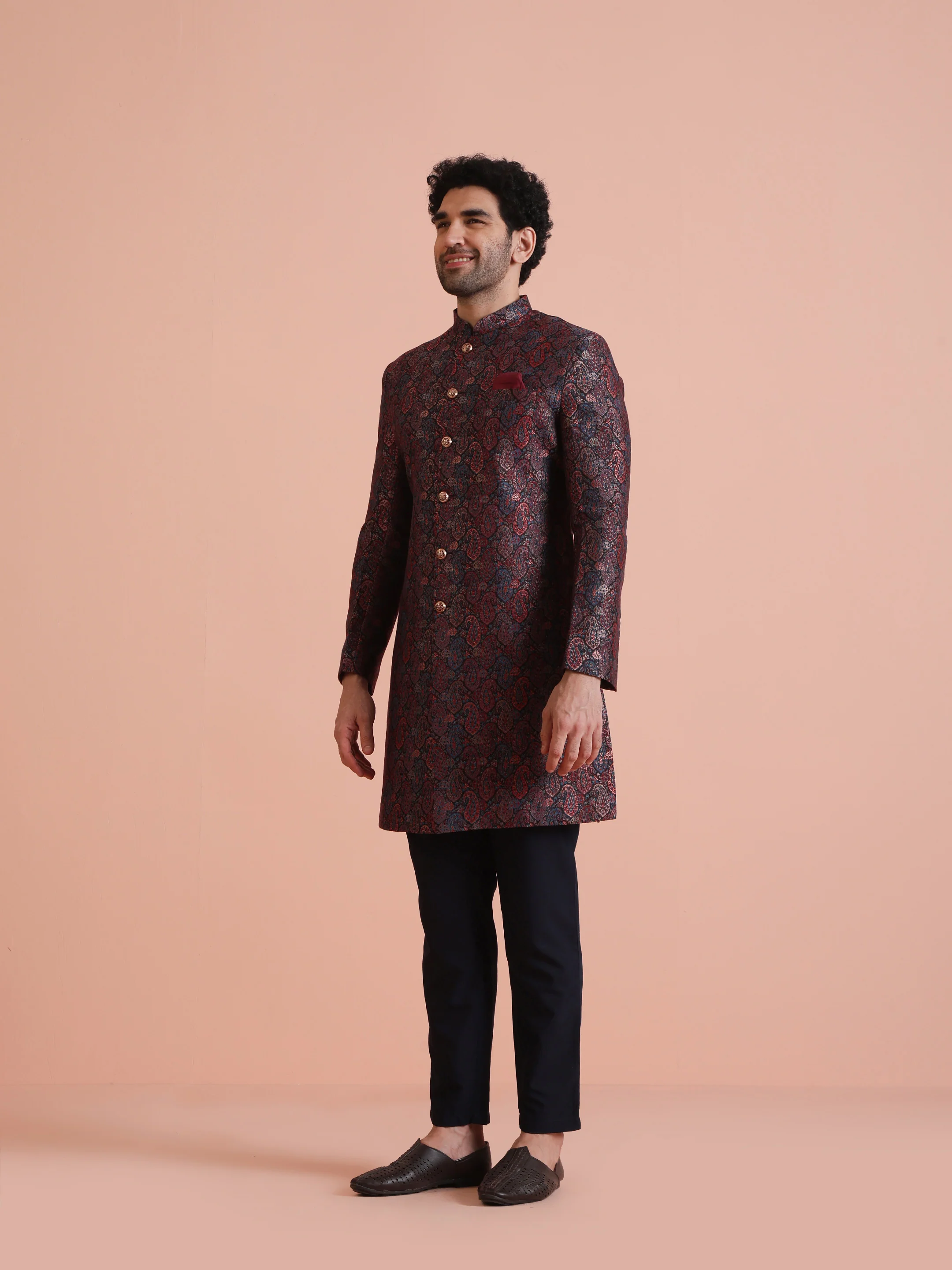 Maroon Silk Blend Paisley Indowestern Sherwani