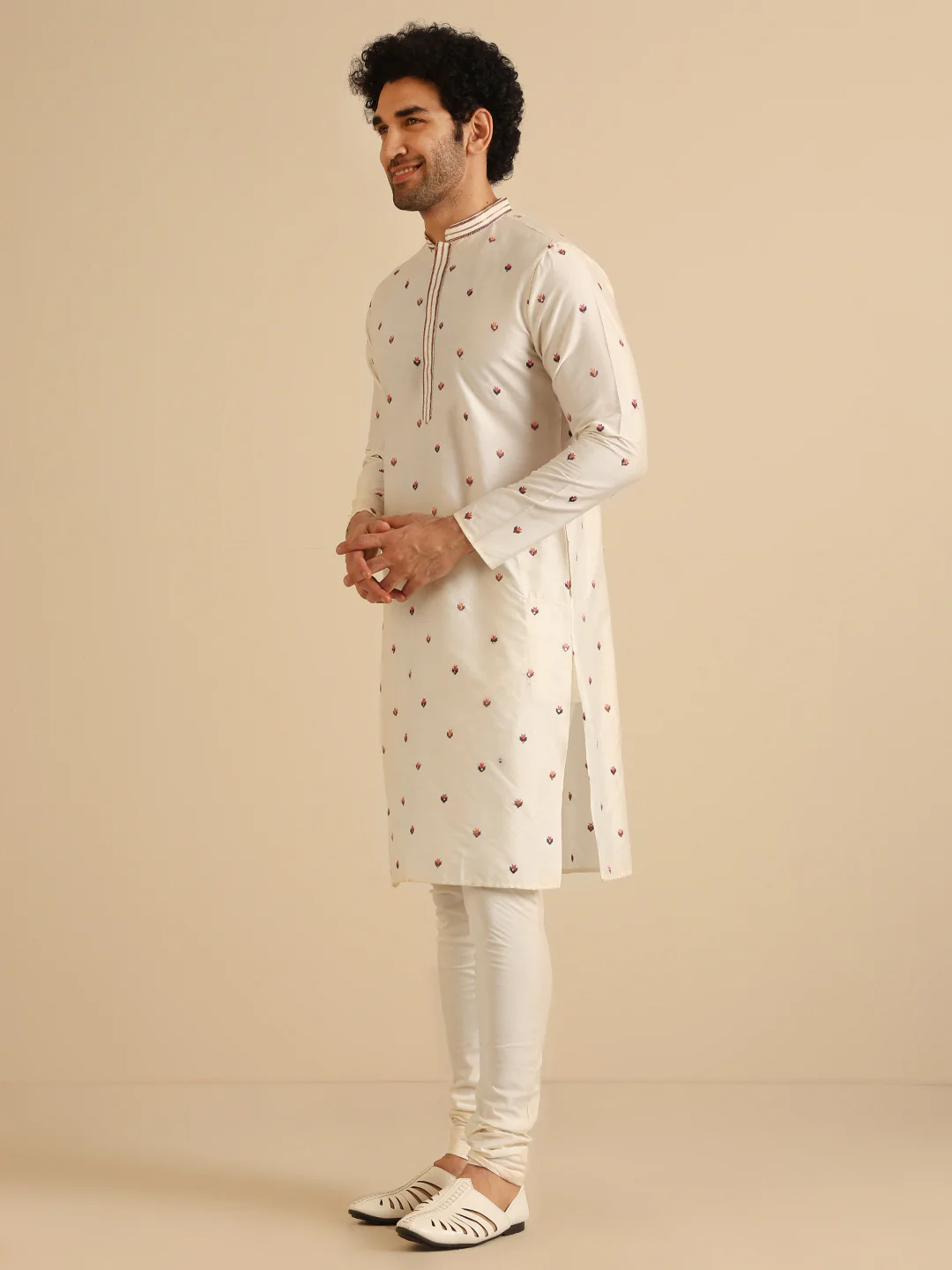 Cream Cotton Blend Embroidered Kurta Churidar Set - Image 3