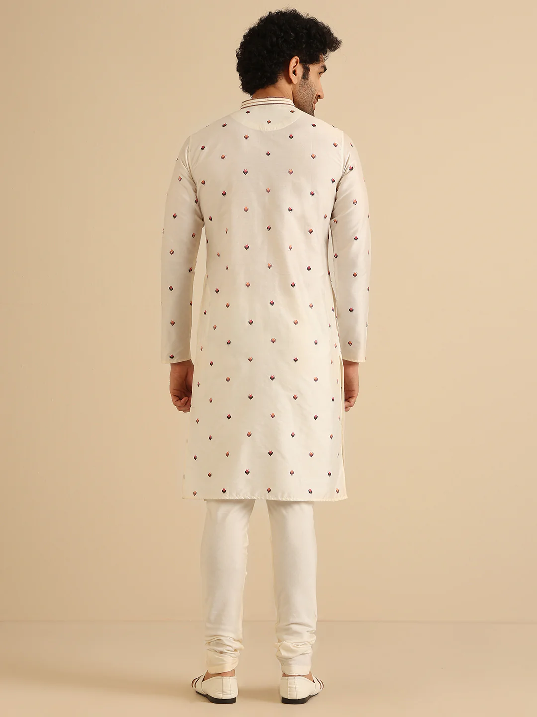 Cream Cotton Blend Embroidered Kurta Churidar Set - Image 5