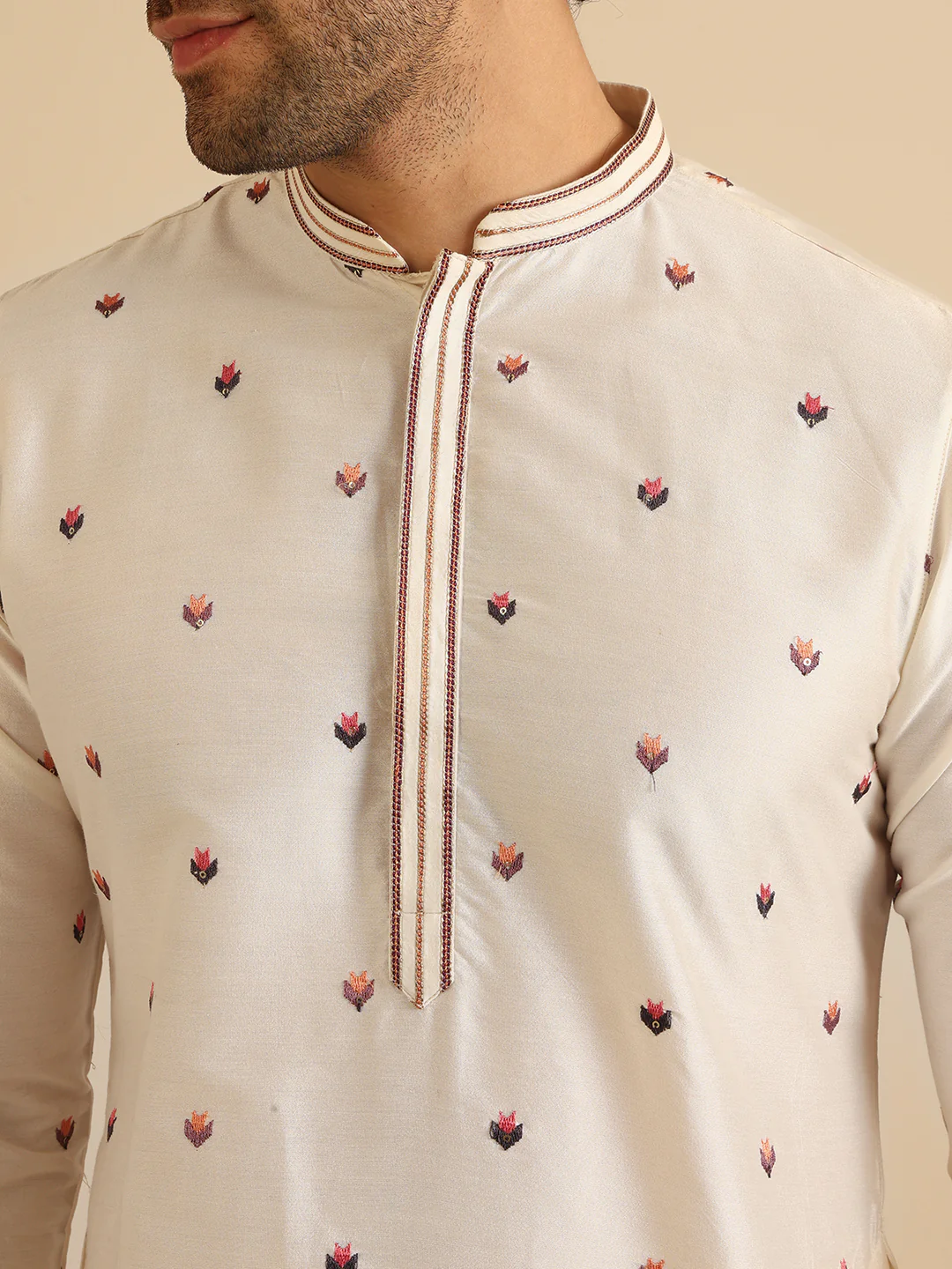 Cream Cotton Blend Embroidered Kurta Churidar Set - Image 6