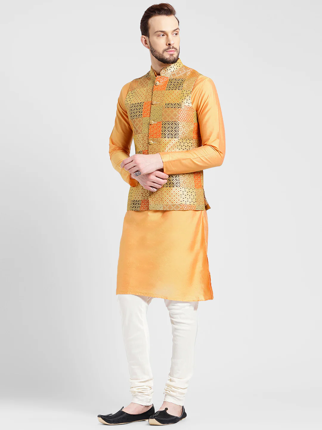 Orange Kurta with Patchwork Jacket & Churidar