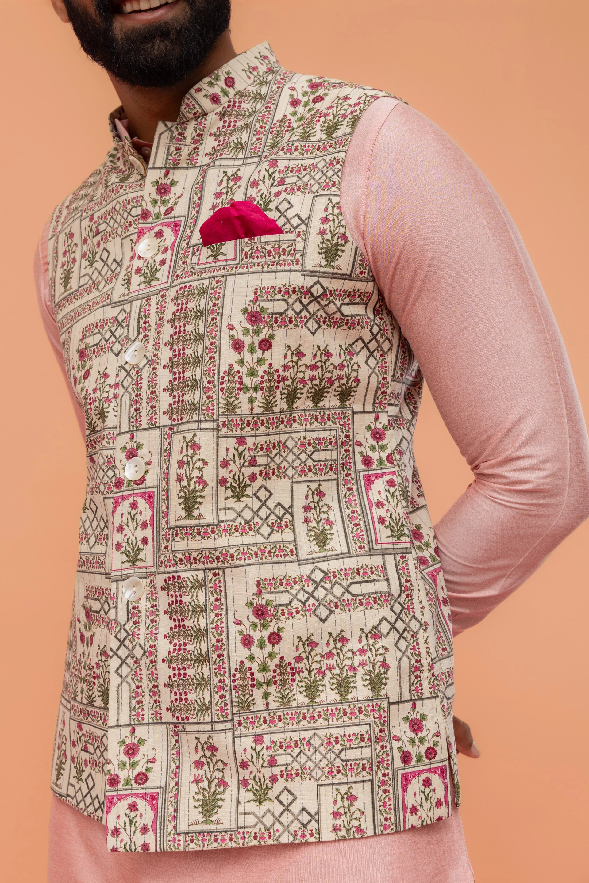 Pink Kurta Ivory Churidar with Embroidered Jacket - Image 6