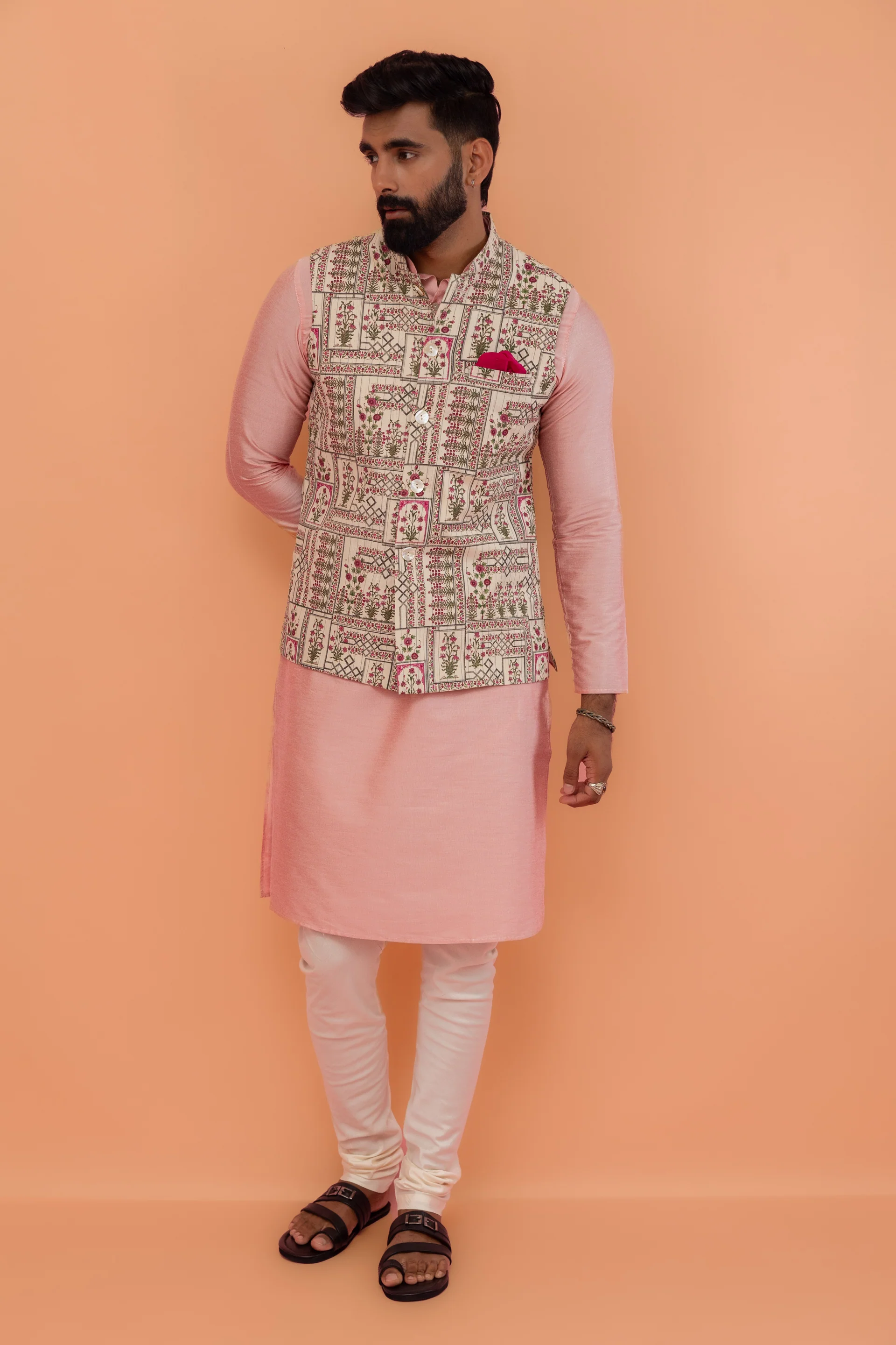 Pink Kurta Ivory Churidar with Embroidered Jacket - Image 9