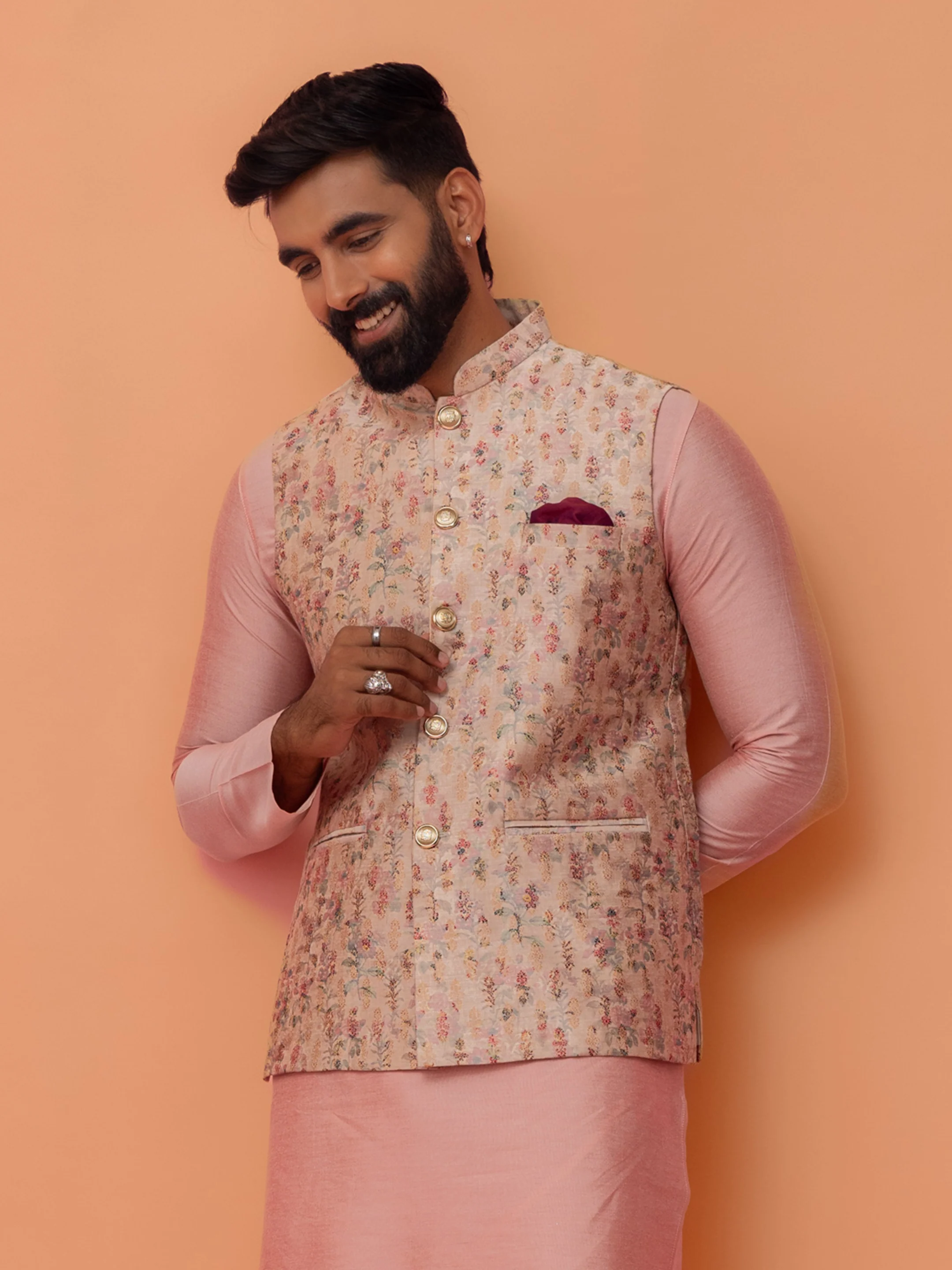 Pastel Pink Art Silk Printed Nehru Jacket
