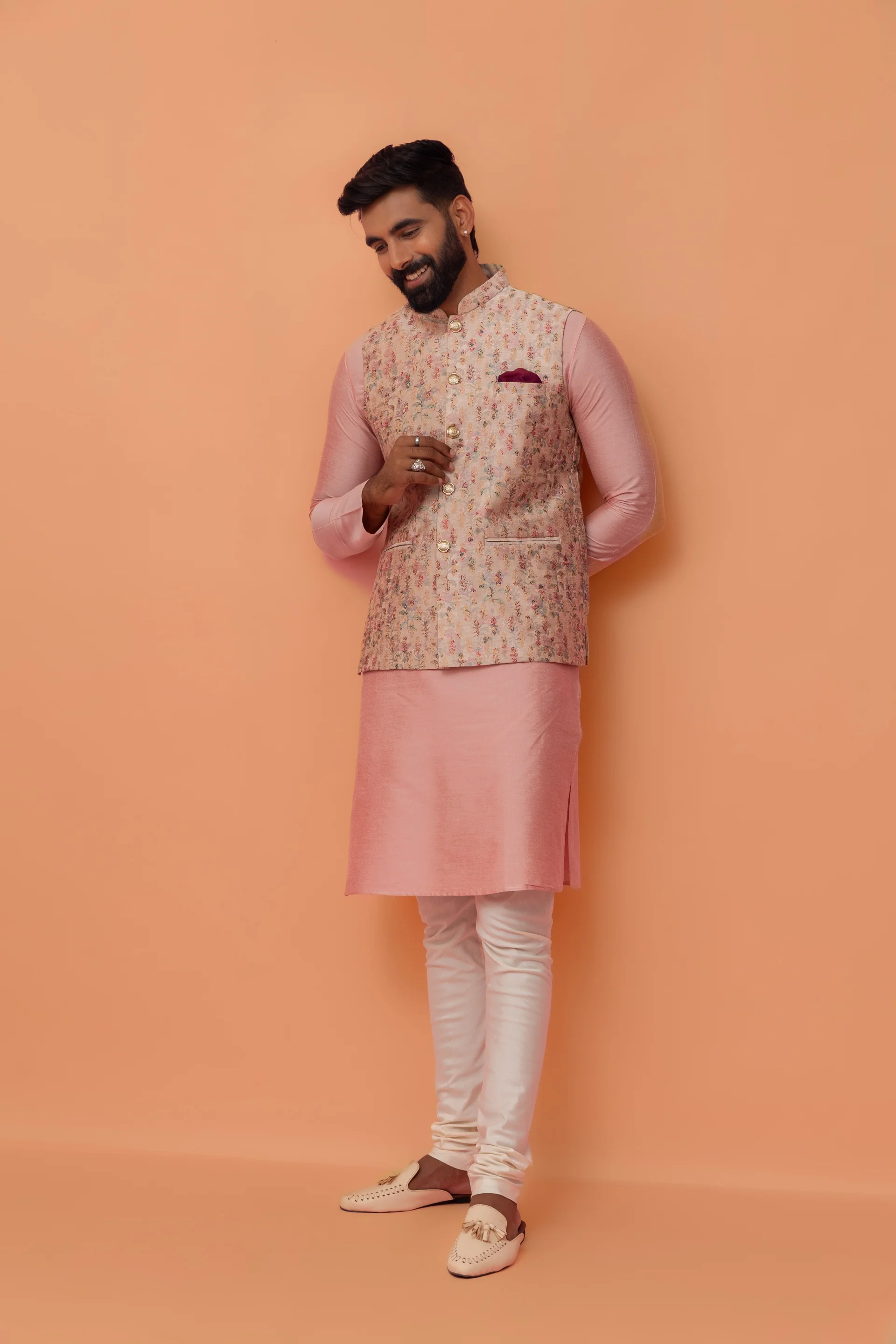 Pastel Pink Art Silk Printed Nehru Jacket - Image 6