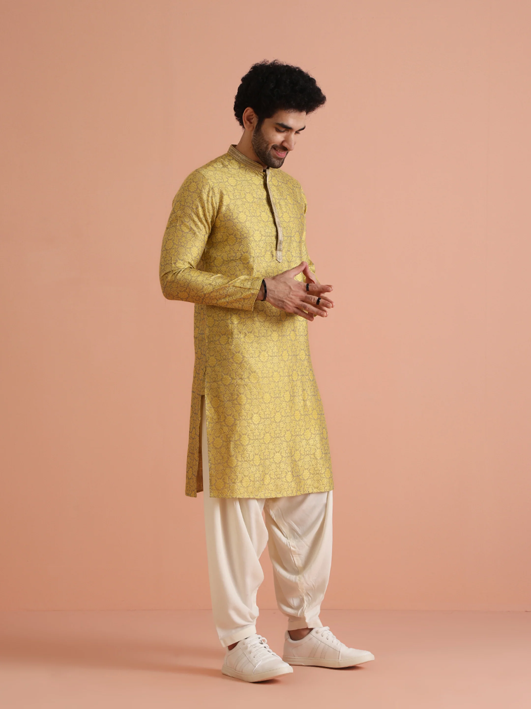 Yellow Jacquard Woven Silk Blend Kurta - Image 2