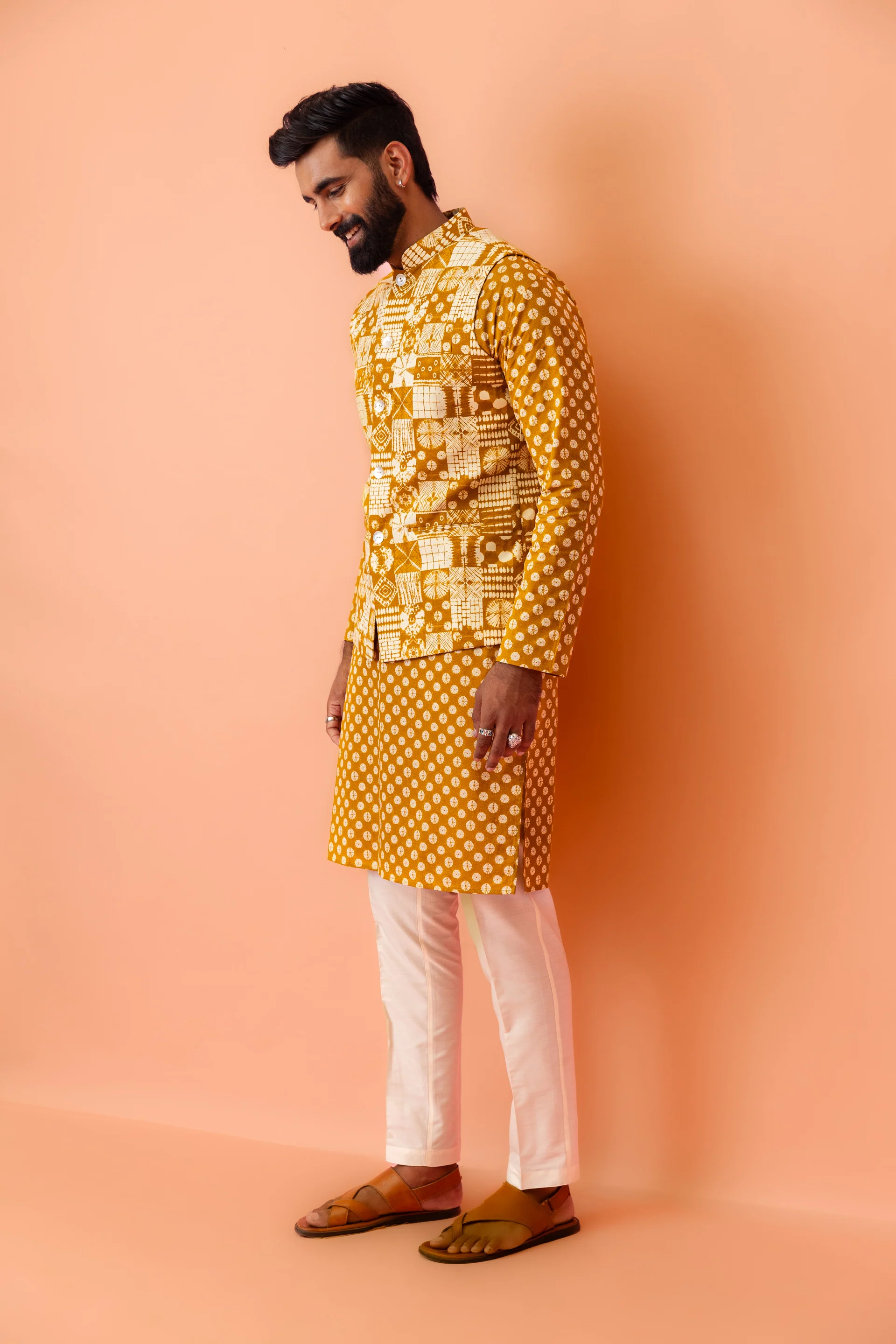 Mustard Yellow Printed Nehru Jacket Kurta Set - Image 2