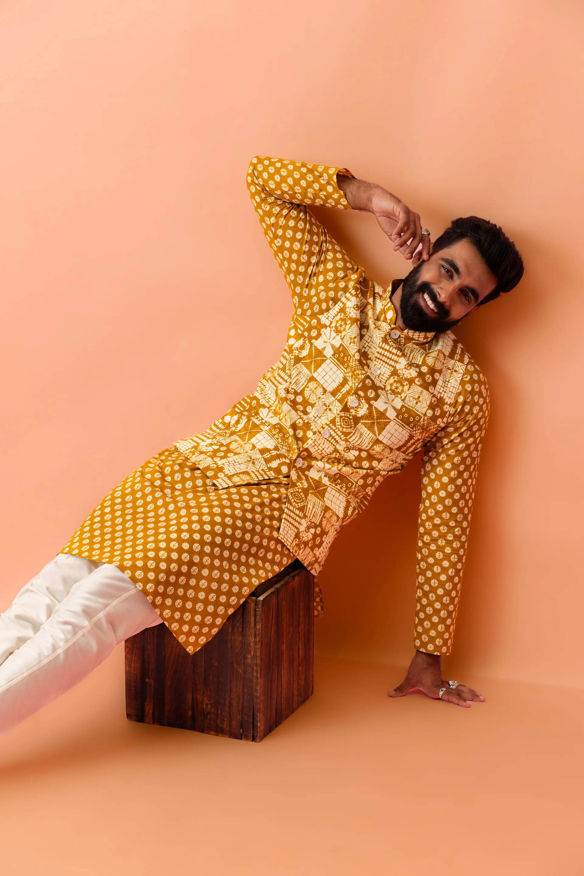Mustard Yellow Printed Nehru Jacket Kurta Set - Image 9