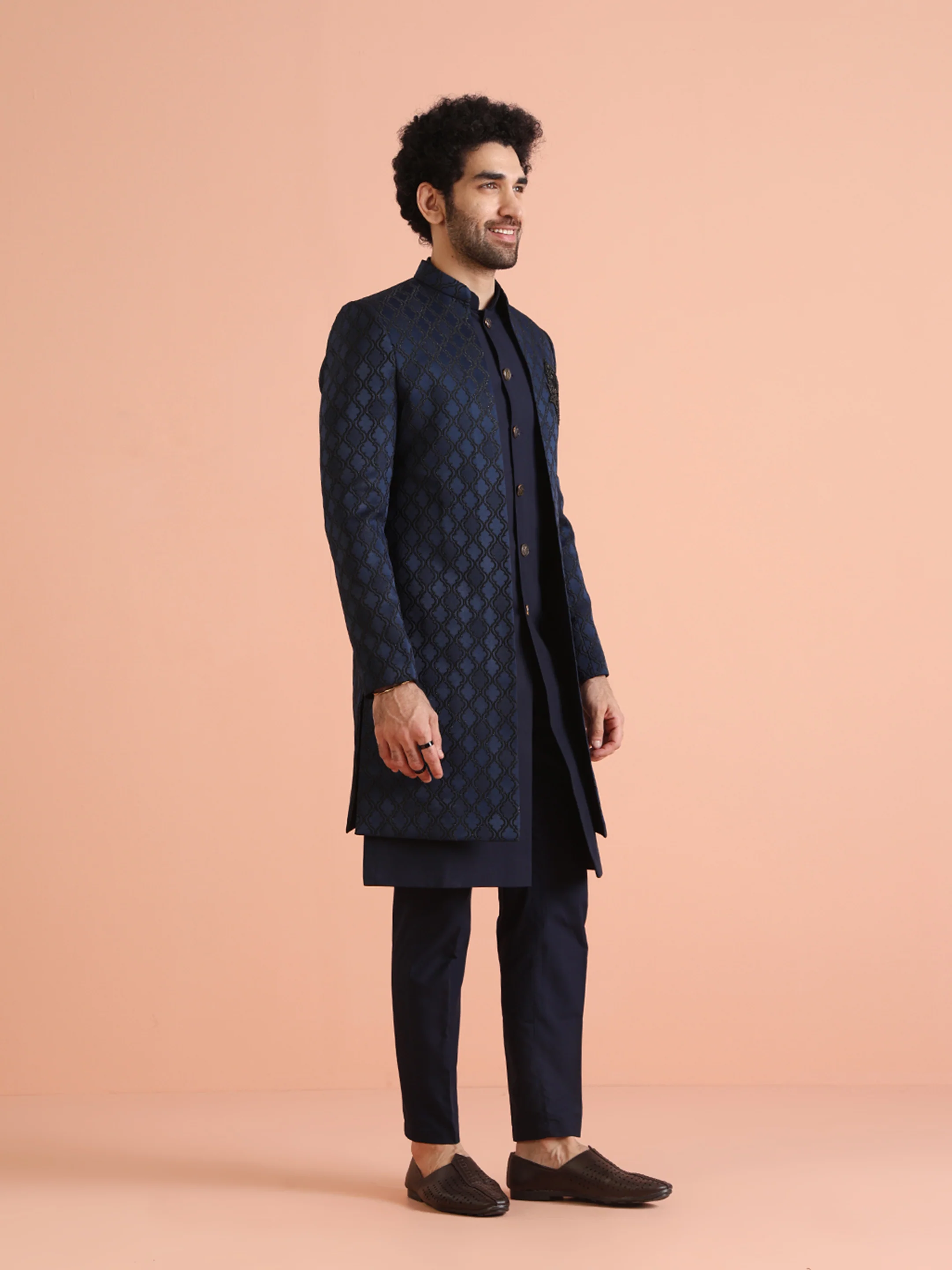 Navy Blue Silk Blend Indo Western Sherwani Set with Embroidered Detailing and Trousers - Image 2