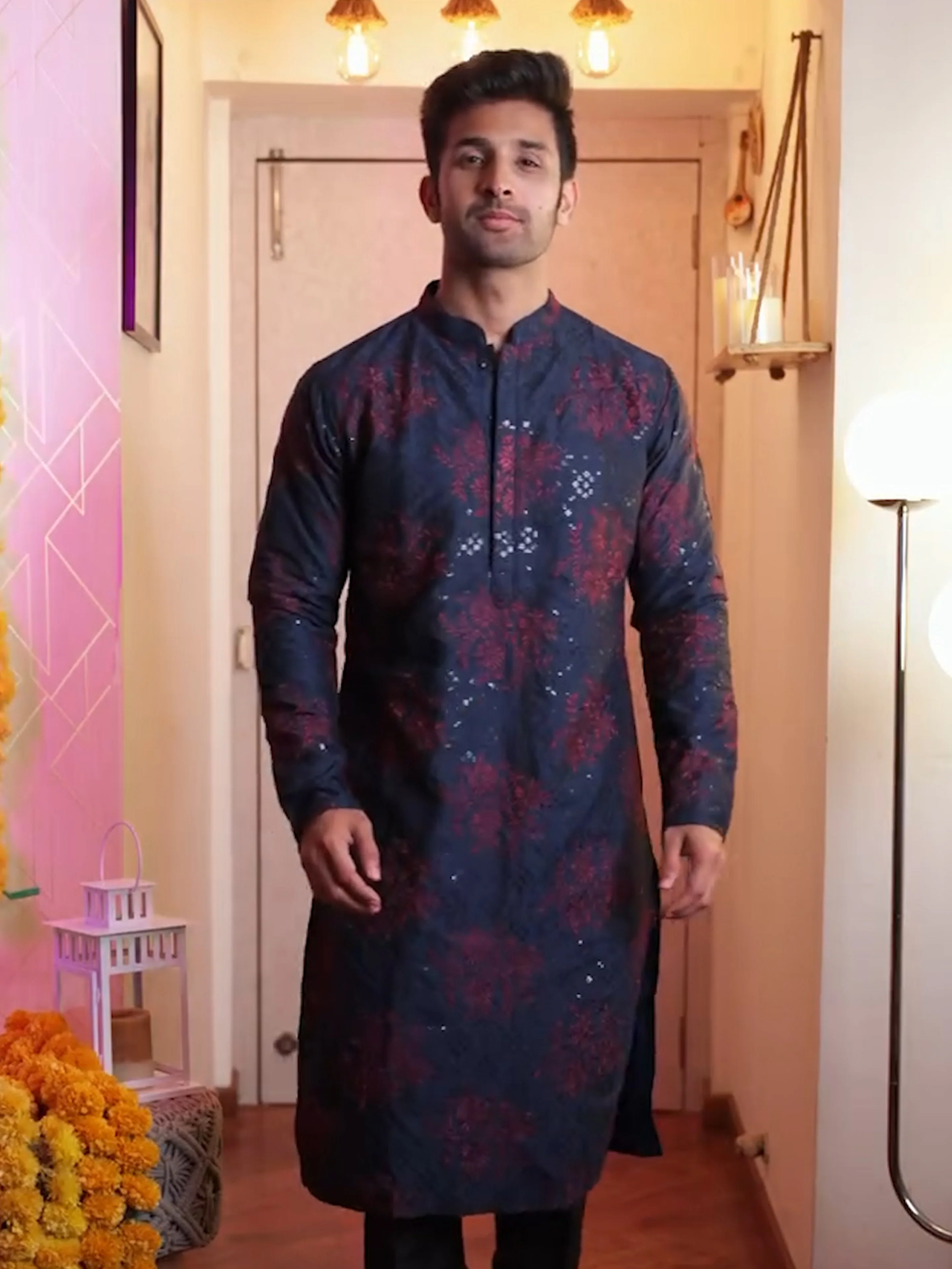 Mens Navy Blue Embroidered Kurta
