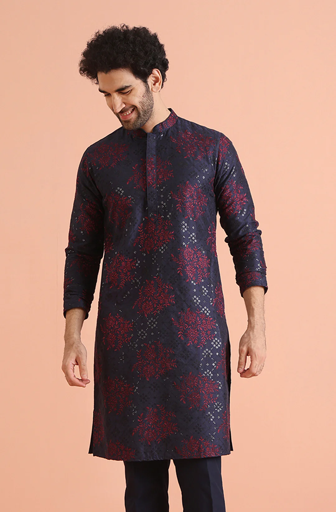 Mens Navy Blue Embroidered Kurta - Image 2