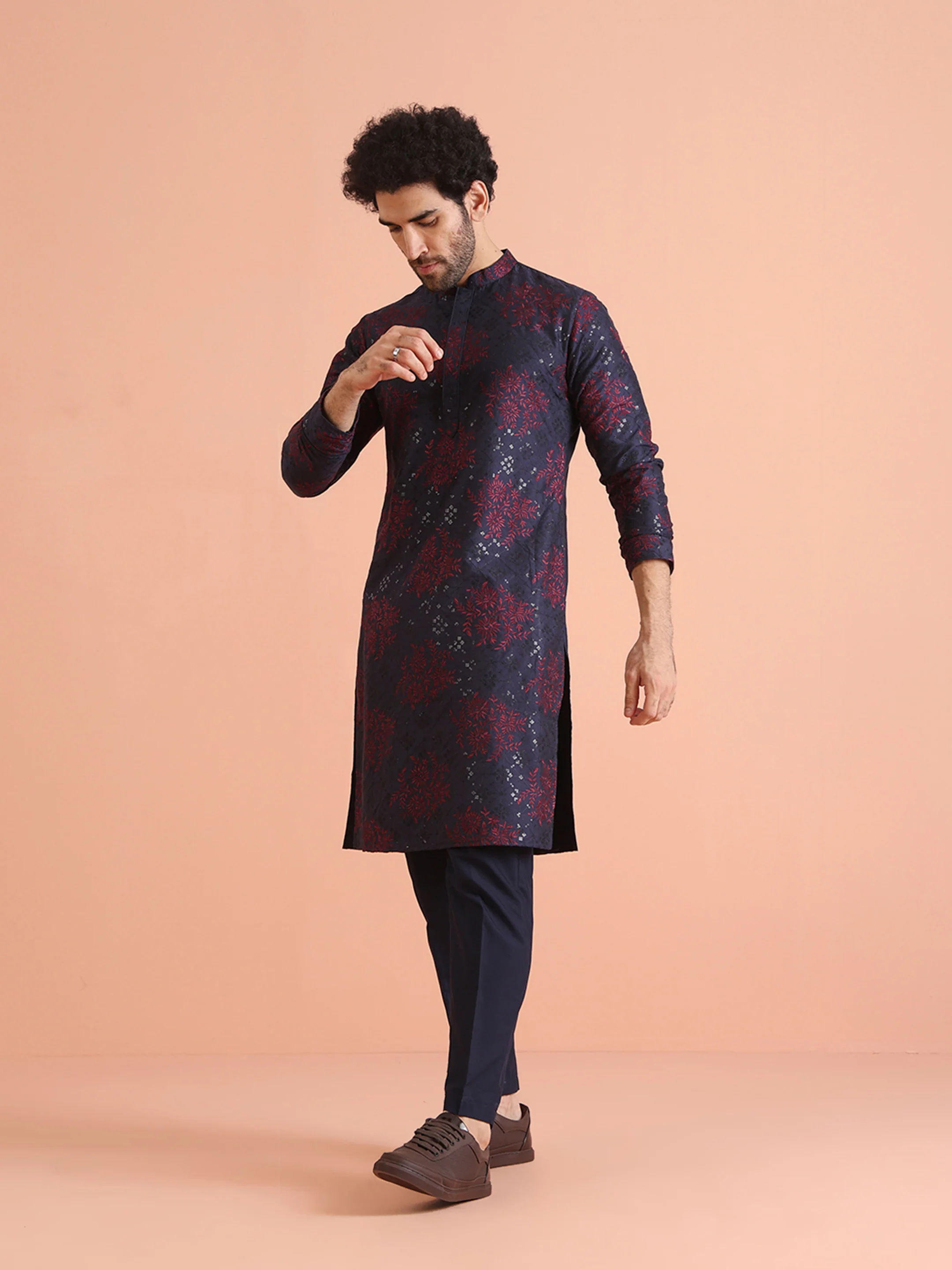 Mens Navy Blue Embroidered Kurta - Image 3