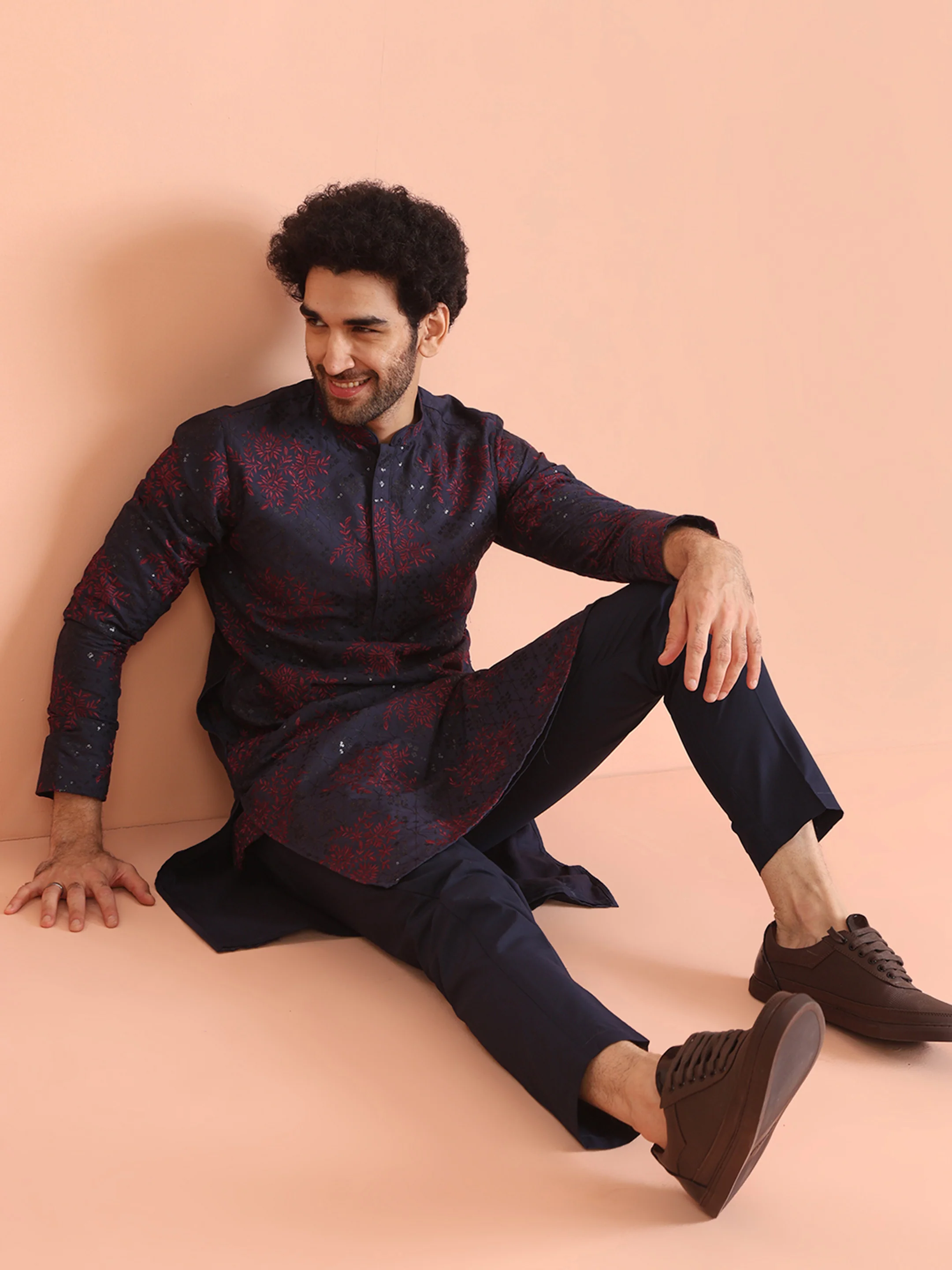 Mens Navy Blue Embroidered Kurta - Image 7