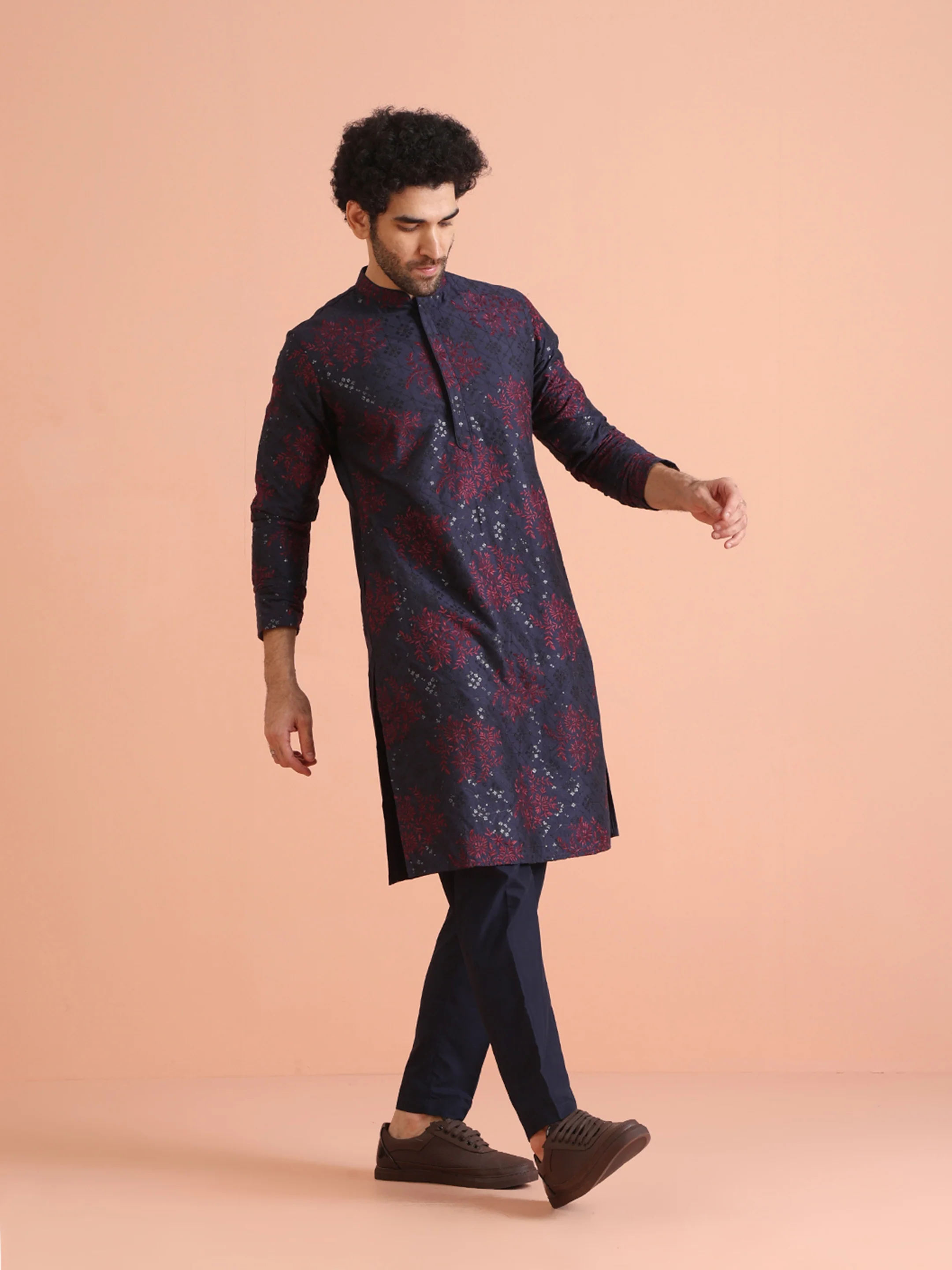 Men Navy Blue Embroidered Kurta Trouser Set - Image 3