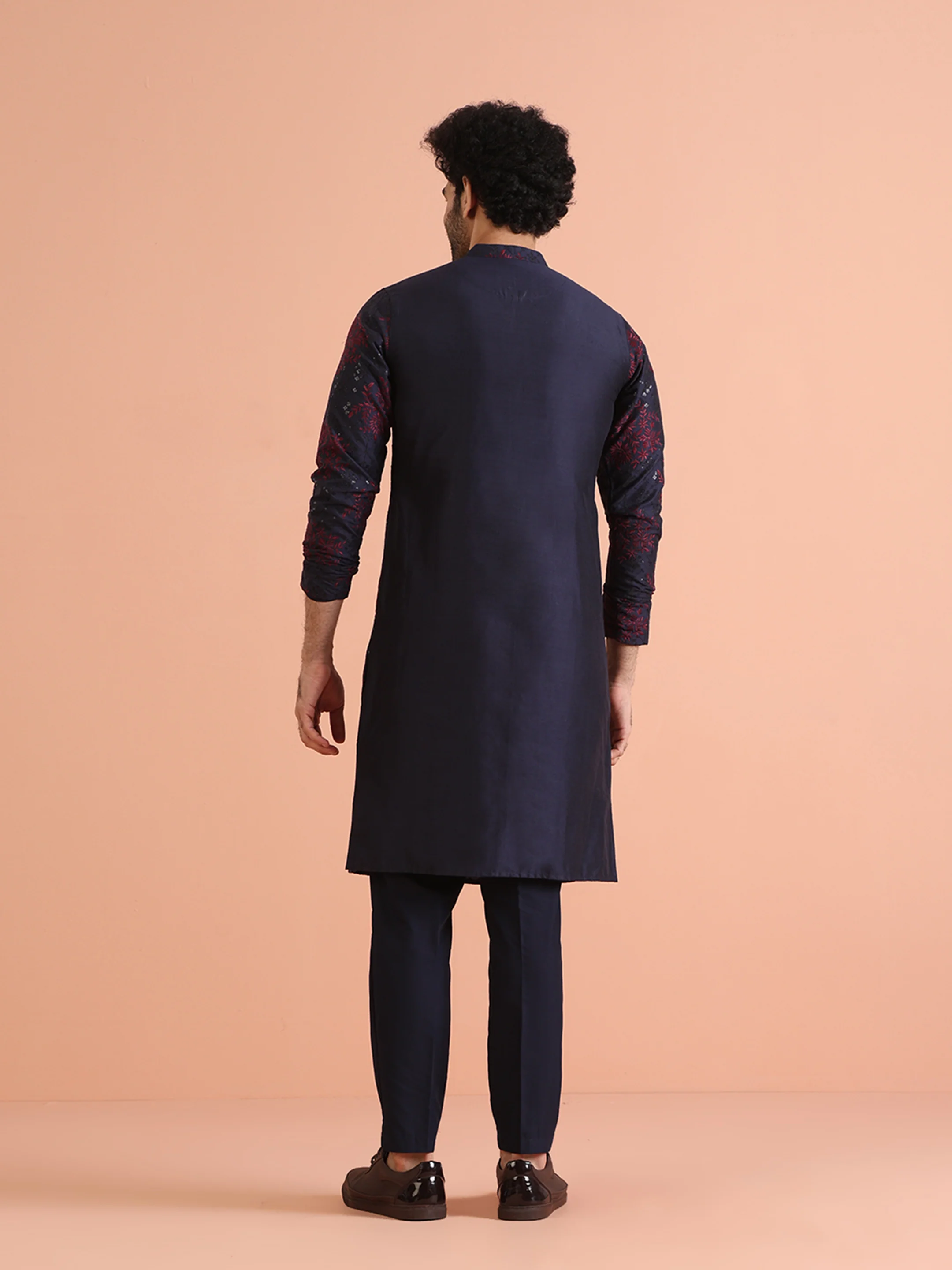 Men Navy Blue Embroidered Kurta Trouser Set - Image 5