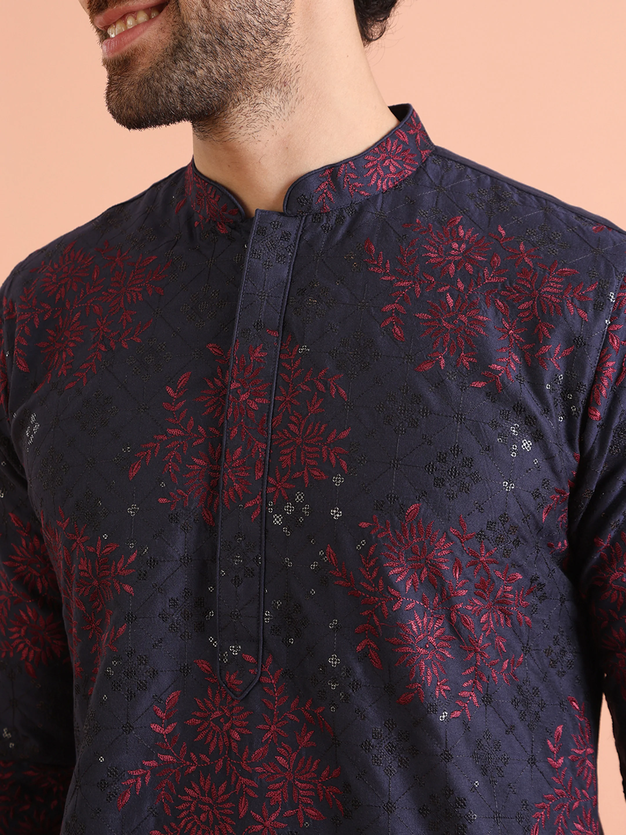 Men Navy Blue Embroidered Kurta Trouser Set - Image 6