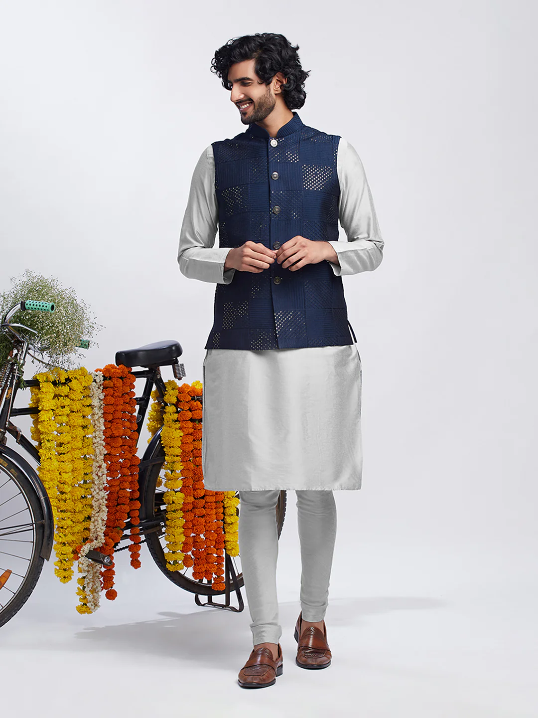 Men Navy Blue Kurta Jacket Churidar Set