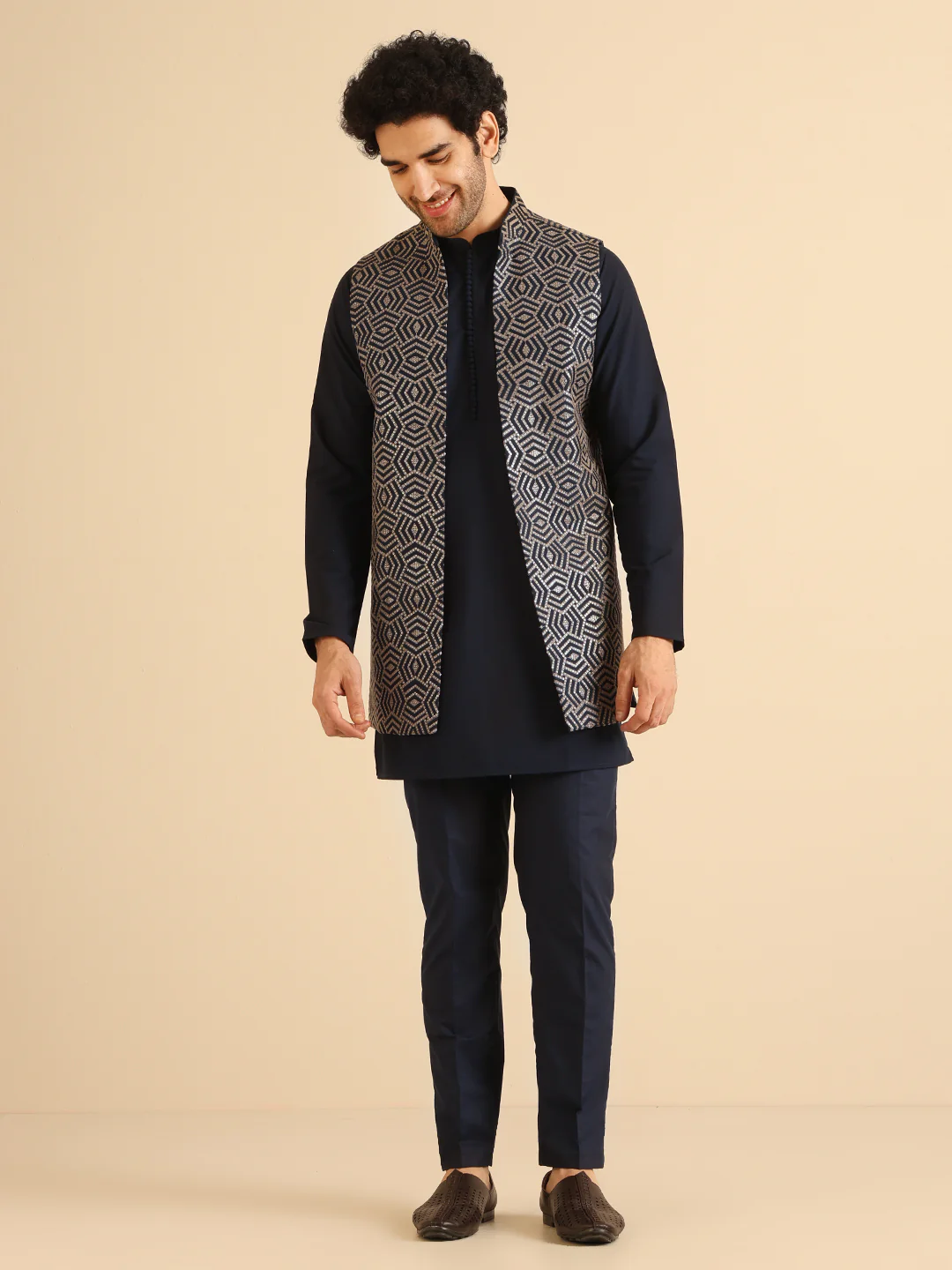 Men Navy Blue Kurta Jacket Trouser Set
