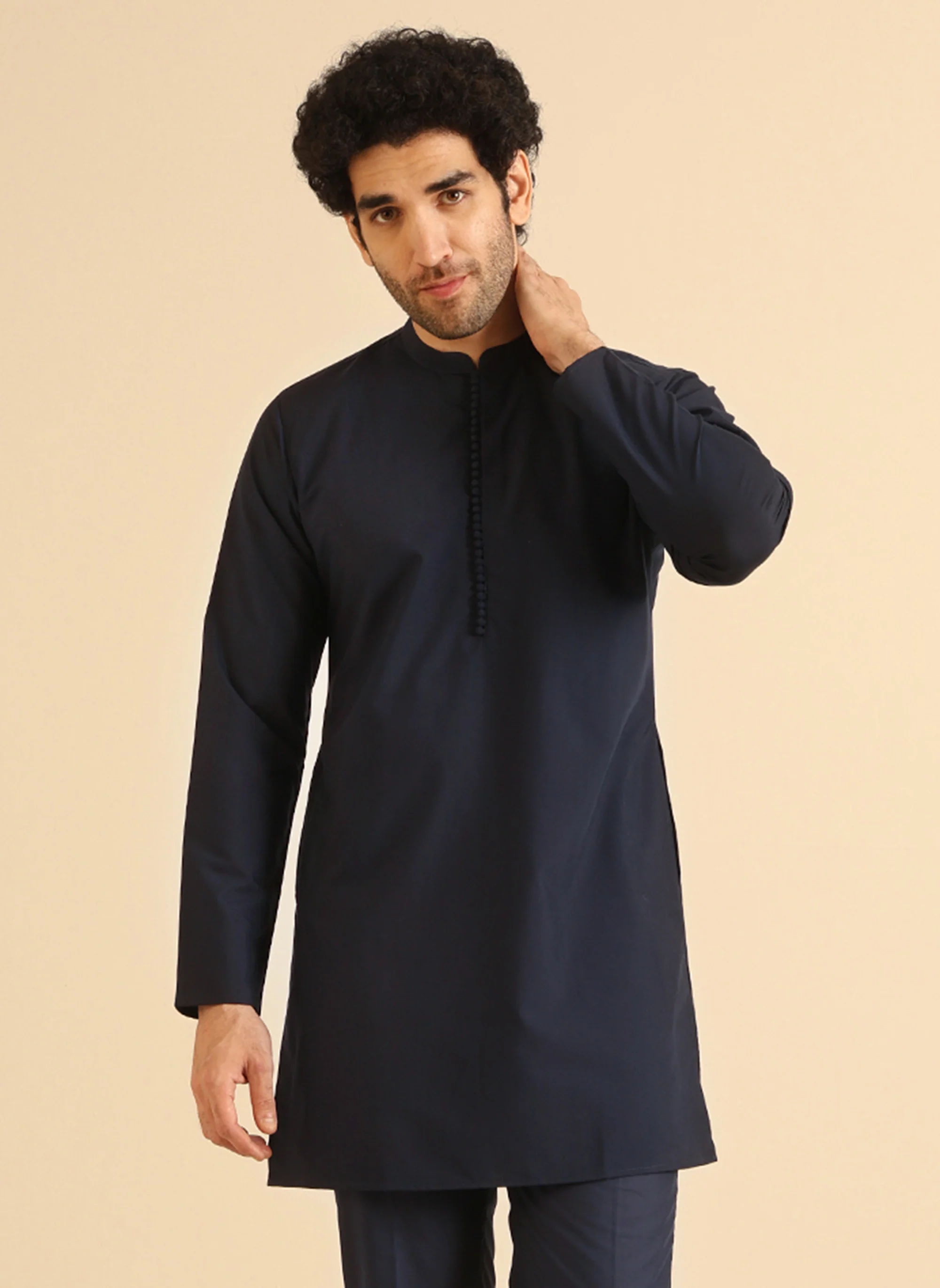 Navy Blue Cotton Silk Mid Kurta