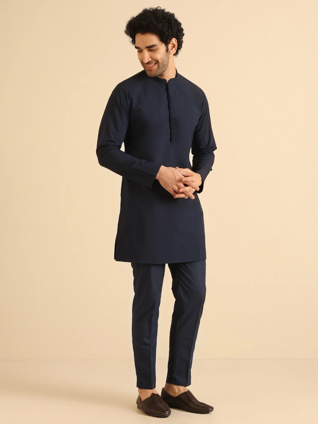 Navy Blue Cotton Silk Mid Kurta - Image 2