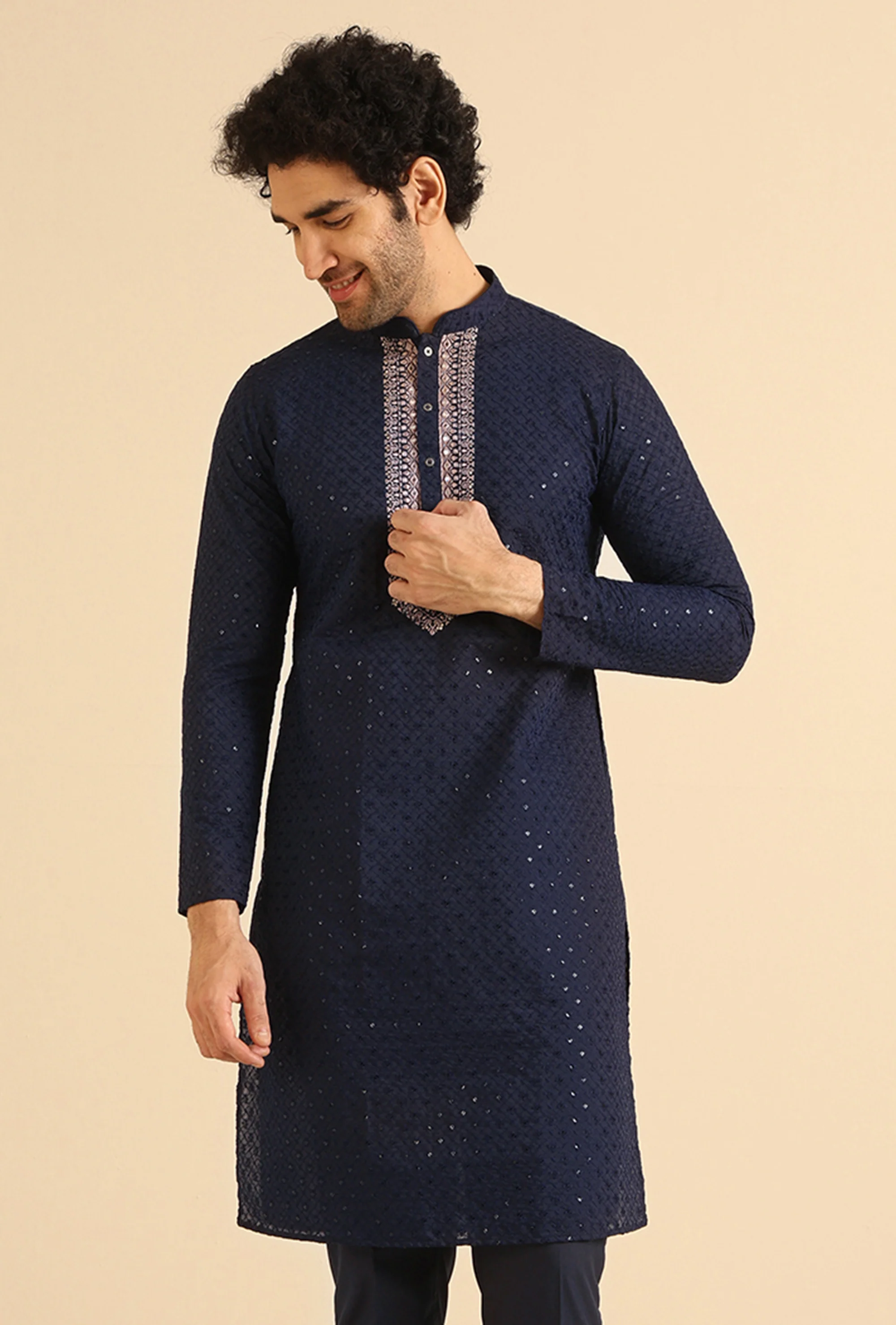 Navy Blue Silk Blend Embroidered Kurta