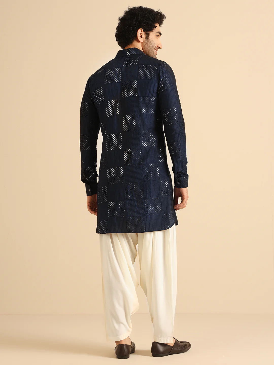 Navy Blue Sequinned Silk Blend Pathani Kurta - Image 4