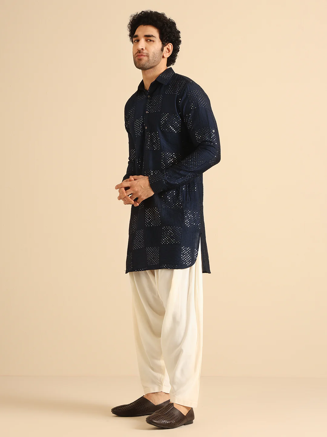 Navy Blue Sequinned Silk Blend Pathani Kurta Patiyala Set - Image 4