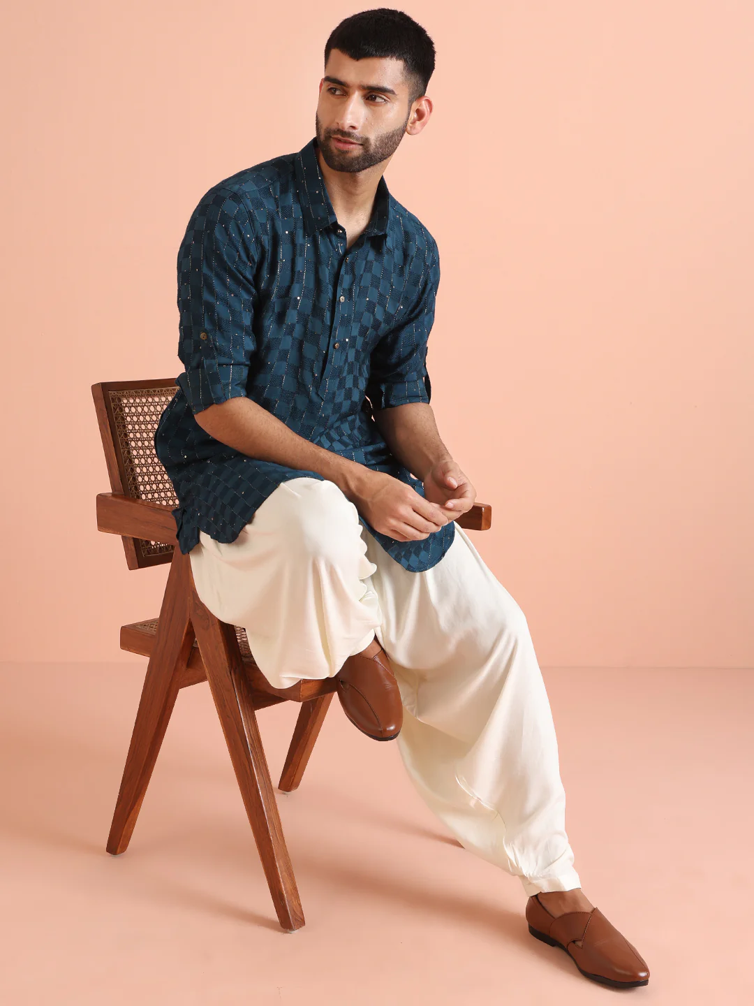 Blue Self-Checkered Pathani Kurta Patiyala Set