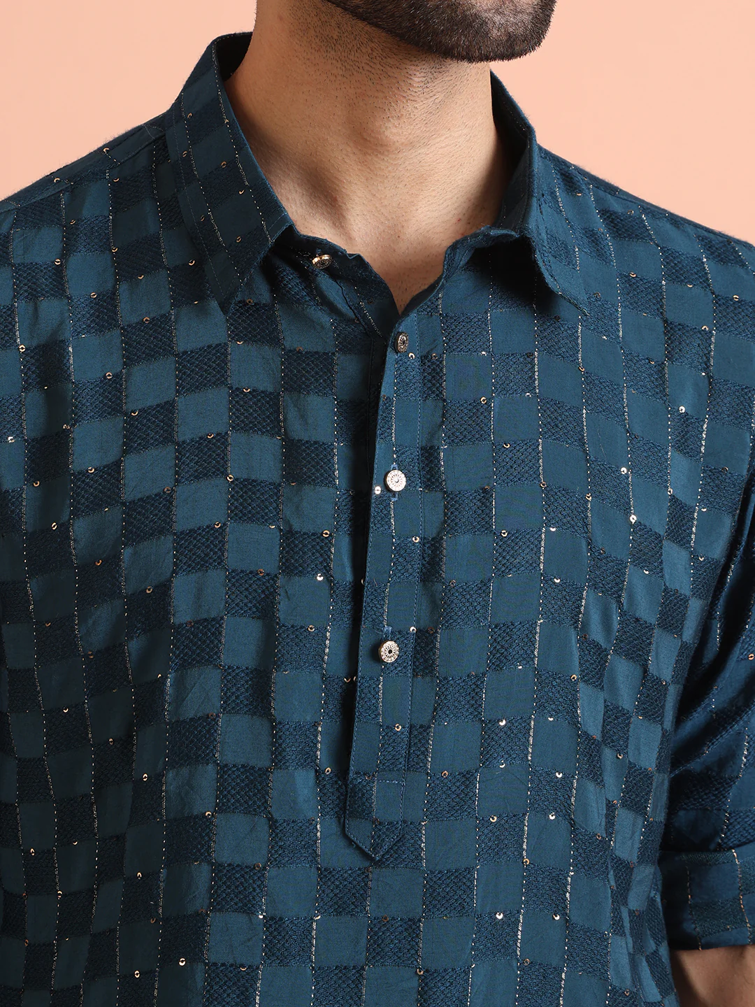 Blue Self-Checkered Pathani Kurta Patiyala Set - Image 6