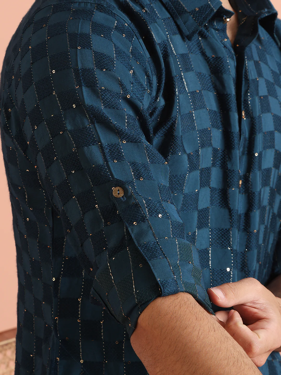Blue Self-Checkered Pathani Kurta Patiyala Set - Image 8